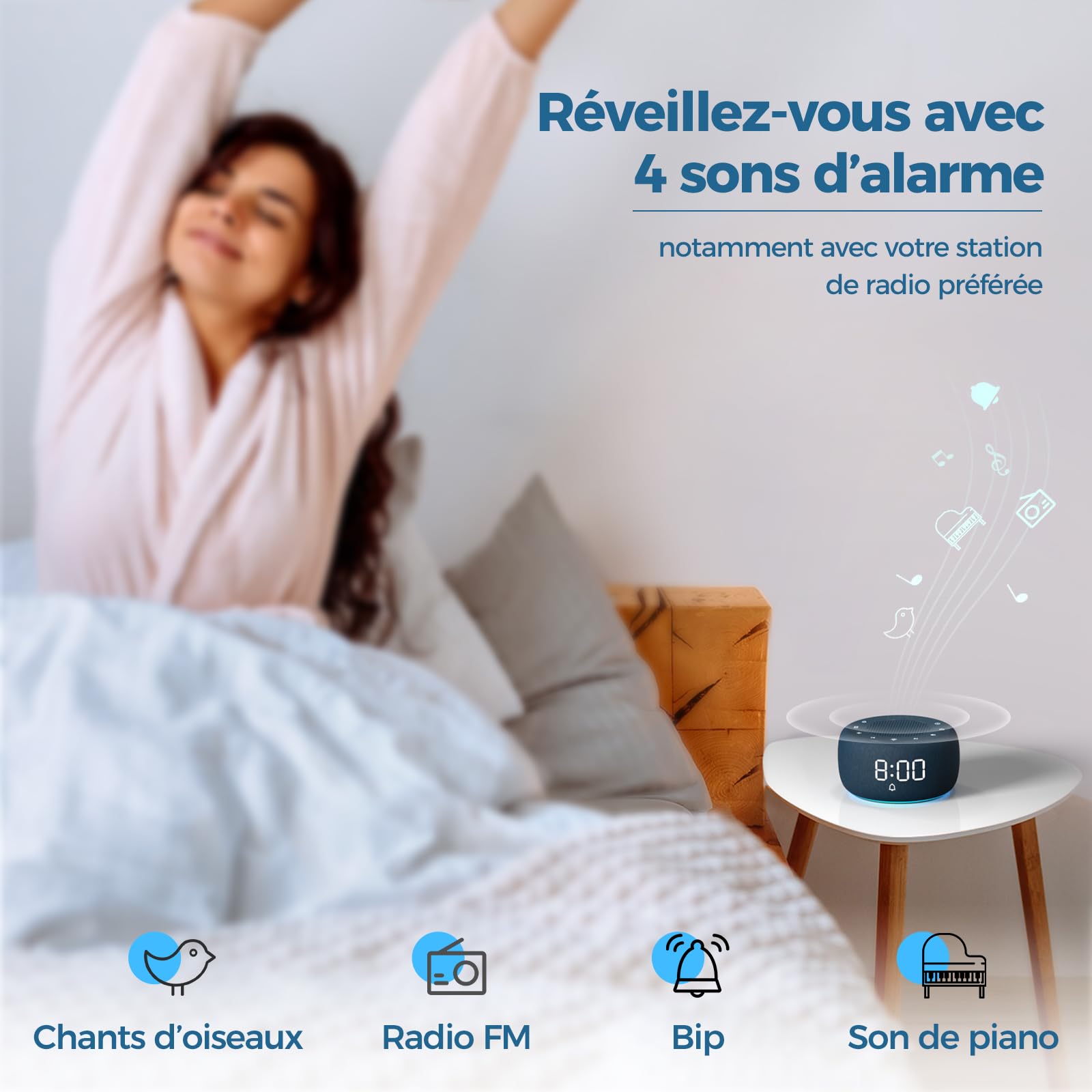 BUFFBEE Radio-réveil pour la Chambre - Son de Haute qualité pour la Radio, veilleuse 7 Couleurs, Affichage Complet avec variateur d'intensité pour la Table de Nuit (Bleu Marine)