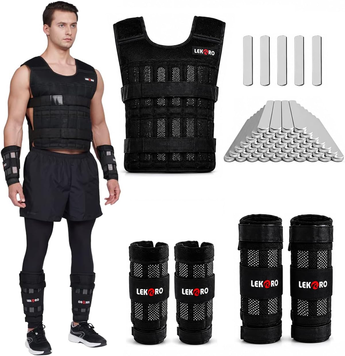 LEKARO 44LB Weighted Vest Set Adjustable with Steel Plates for Men Women HIIT Rucking Cardio Training