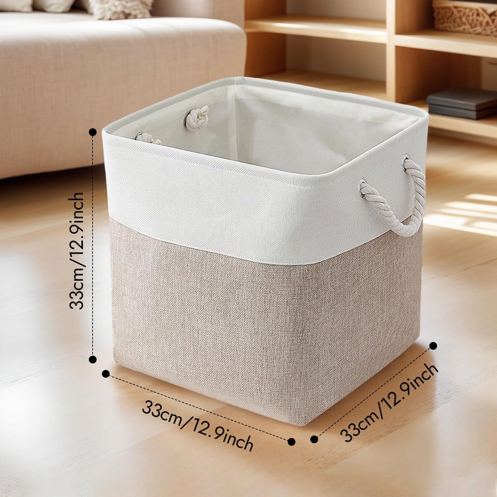 Scatole per Armadio Tessuto, Set di 4 Scatole Portaoggetti Pieghevole con Maniglia, 33x33x33cm, Cestini Portaoggetti, per Scaffali, Armadi, Giocattoli, Vestiti, Libri (Bianco+Kaki)