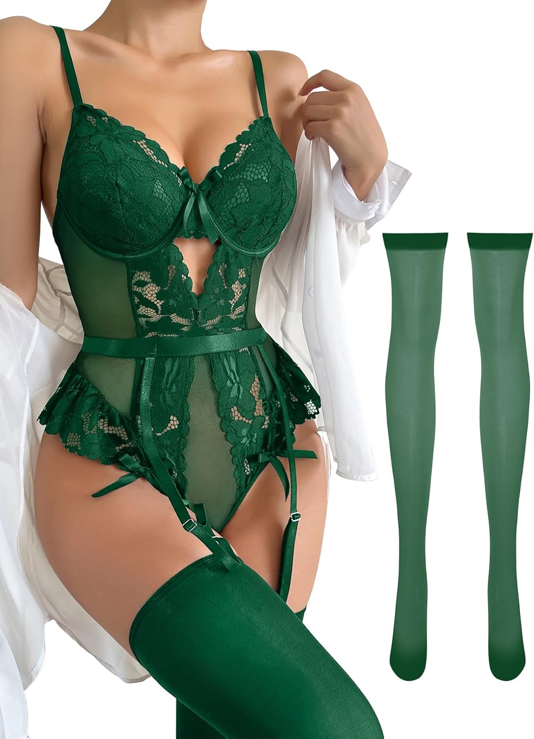 Lilosy Sexy Stocking Lace Mesh Bodysuit Top Underwire Garter Lingerie Set 3 Piece