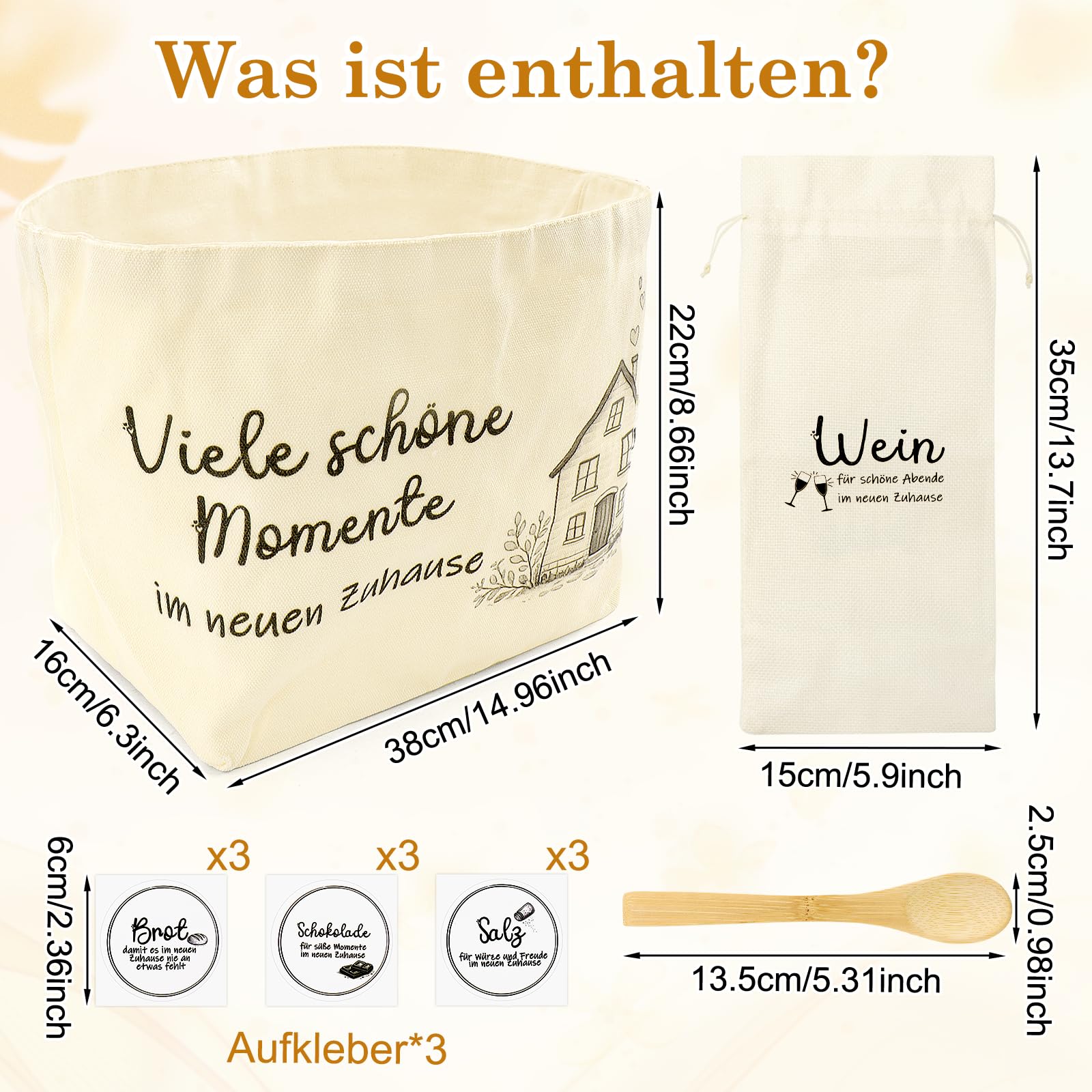 WALLFID Einzugsgeschenke Wohnung,Geschenk Zum Einzug Beinhaltet Brotkorb,Weinbeutel,Holz-Salzlöffel,Sticker für Brot,Salz & Schokolade,Viele schöne Momente im neuen Zuhause