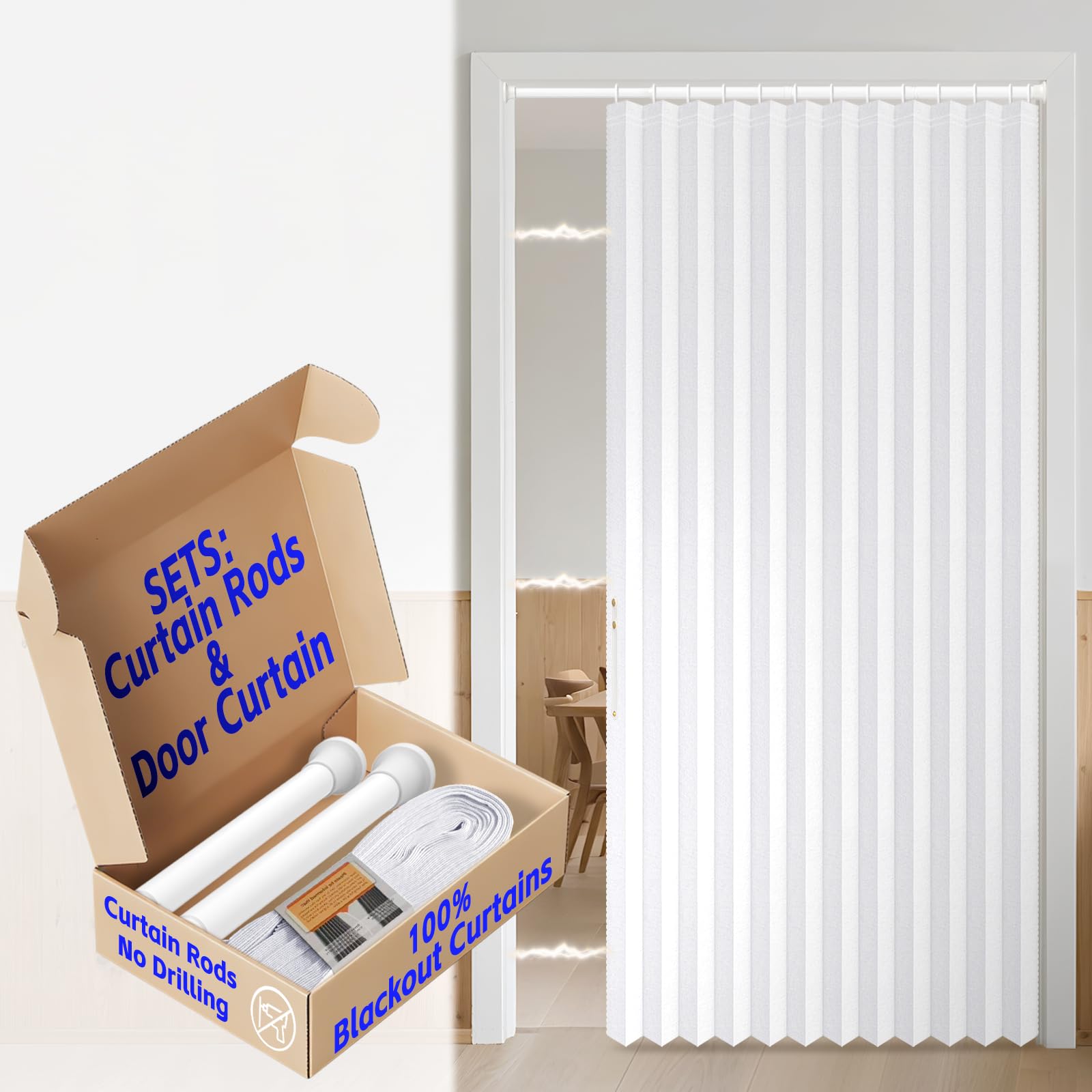 AJAZZ Blackout Magnetic Door Curtain with Curtain Rods Adjustable 28-52" Long Accordion Door Closet Door Curtain Invisible for Bedroom Room Living Room Doorway (1 Pack, 52 W x 78 L, White)