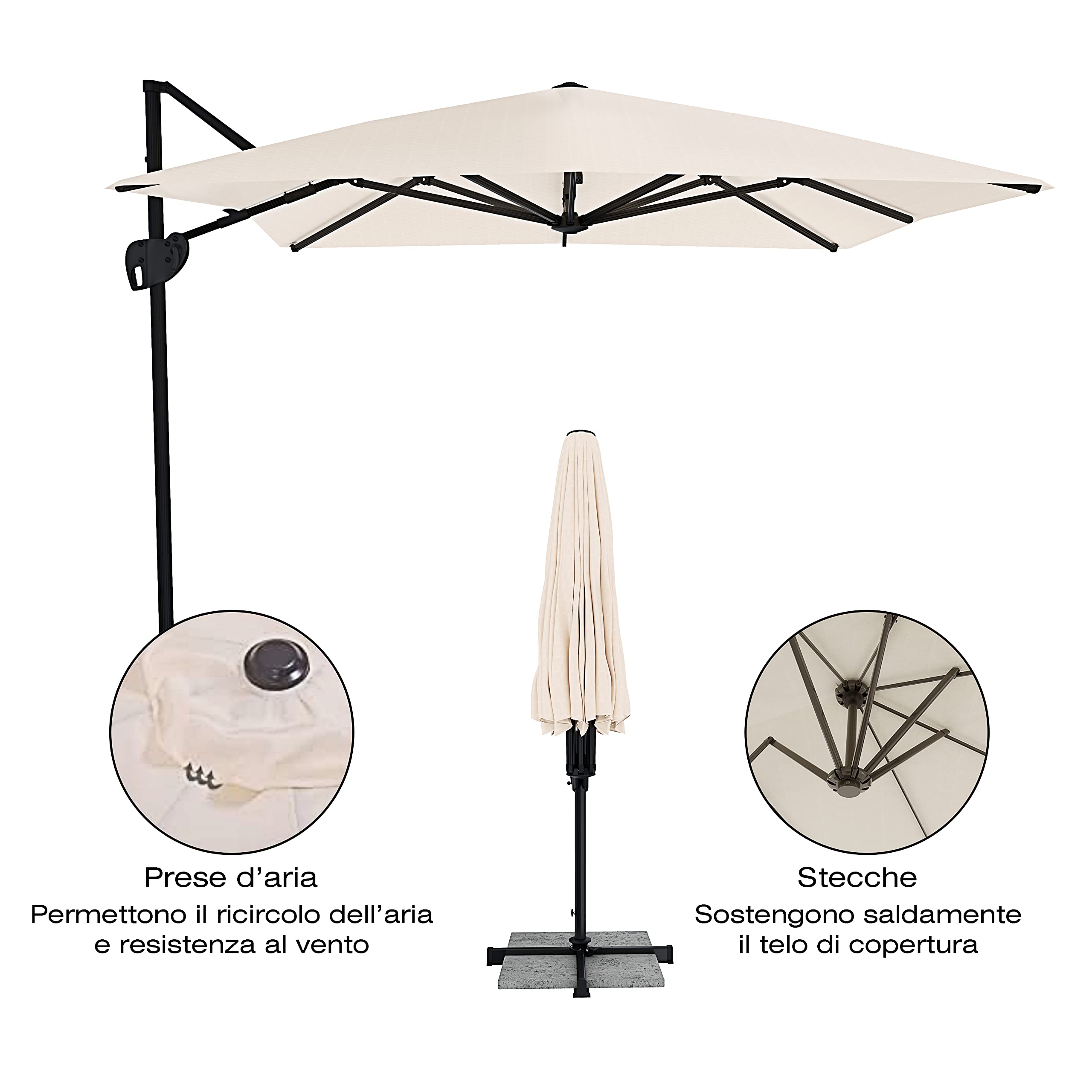Arreditaly Ombrellone 3x3 M Da Giardino Braccio Retrattile Rotabile 360° Piscina Esterni Gazebo Terrazzo Hotel Bar In Acciaio Inossidabile Telo 180 g/m2 Impermeabile Resistente Ai Raggi UV Panna