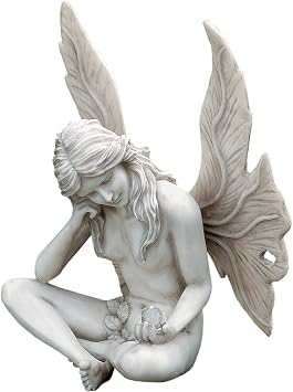 Design Toscano Gazing Secret Garden Fairy Woman Statue Figurine, 7 inches wide, 10 inches tall, Cast Stone Resin, Antique Stone Finish