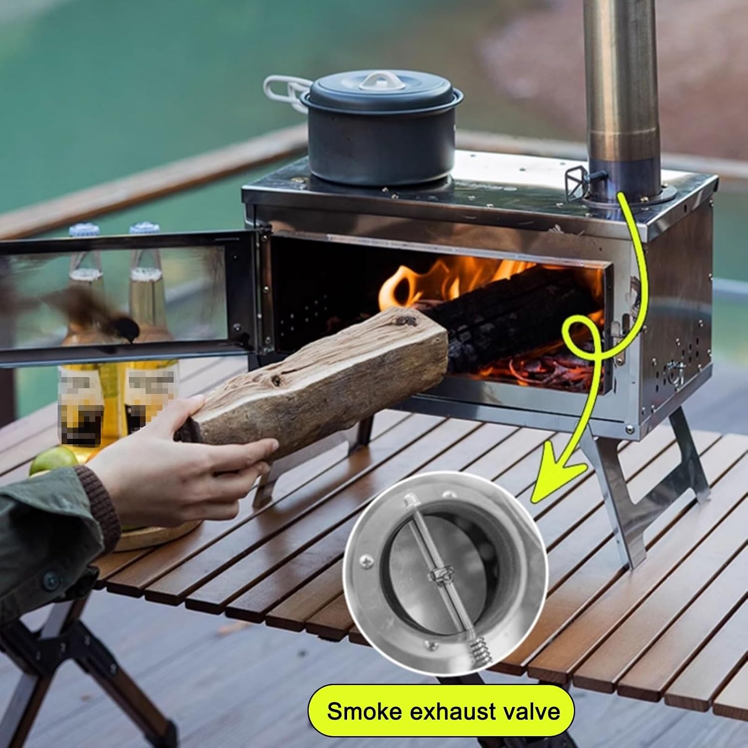 Portable Camp Stove, Stainless Steel Tent Stove, with Observation Window and 8 Chimney Pipes, for Outdoor Heating Cooking