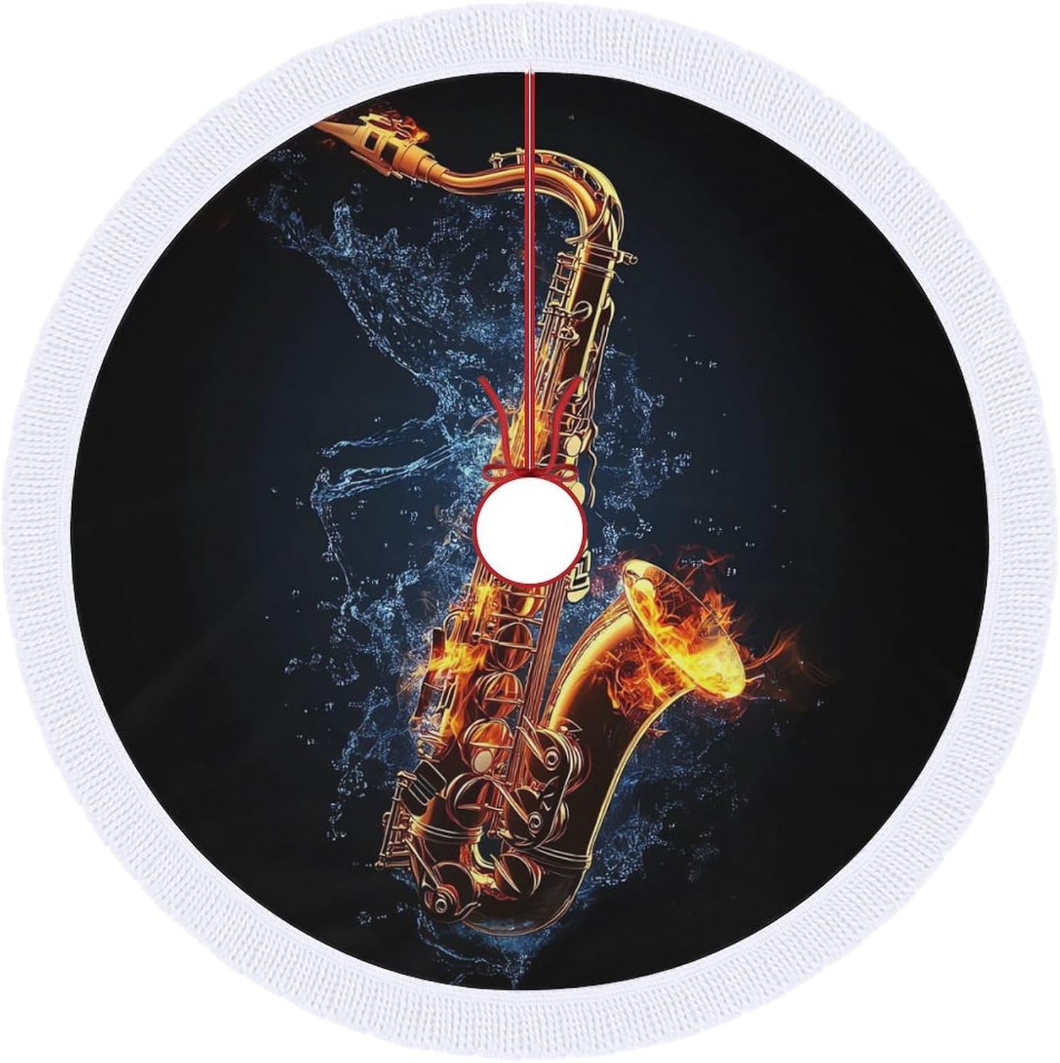 Saxophone Water Fire Christmas Tree Skirt Round Xmas Tree Mat Ornaments Tree Skirts with Tassels for Holiday Party