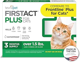 TevraPet FirstAct Plus Flea and Tick Topical for Cats over 1.5lbs, 3 Dose Waterproof Flea and Tick Control/Prevention for 3 Months