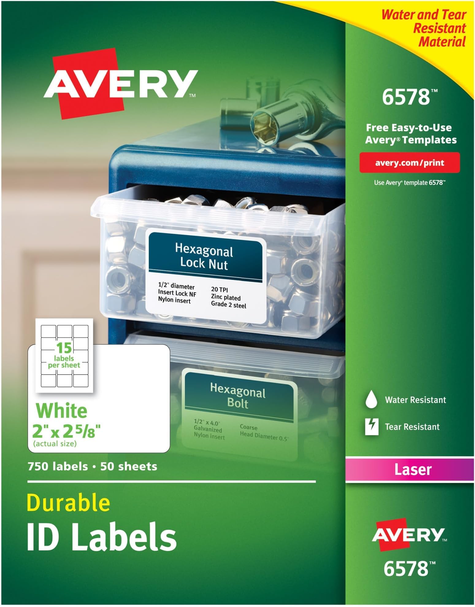 Avery Durable White Cover Up ID Labels for Laser Printers, 2" x 2.625", (6578), 750 Count (Pack of 5)