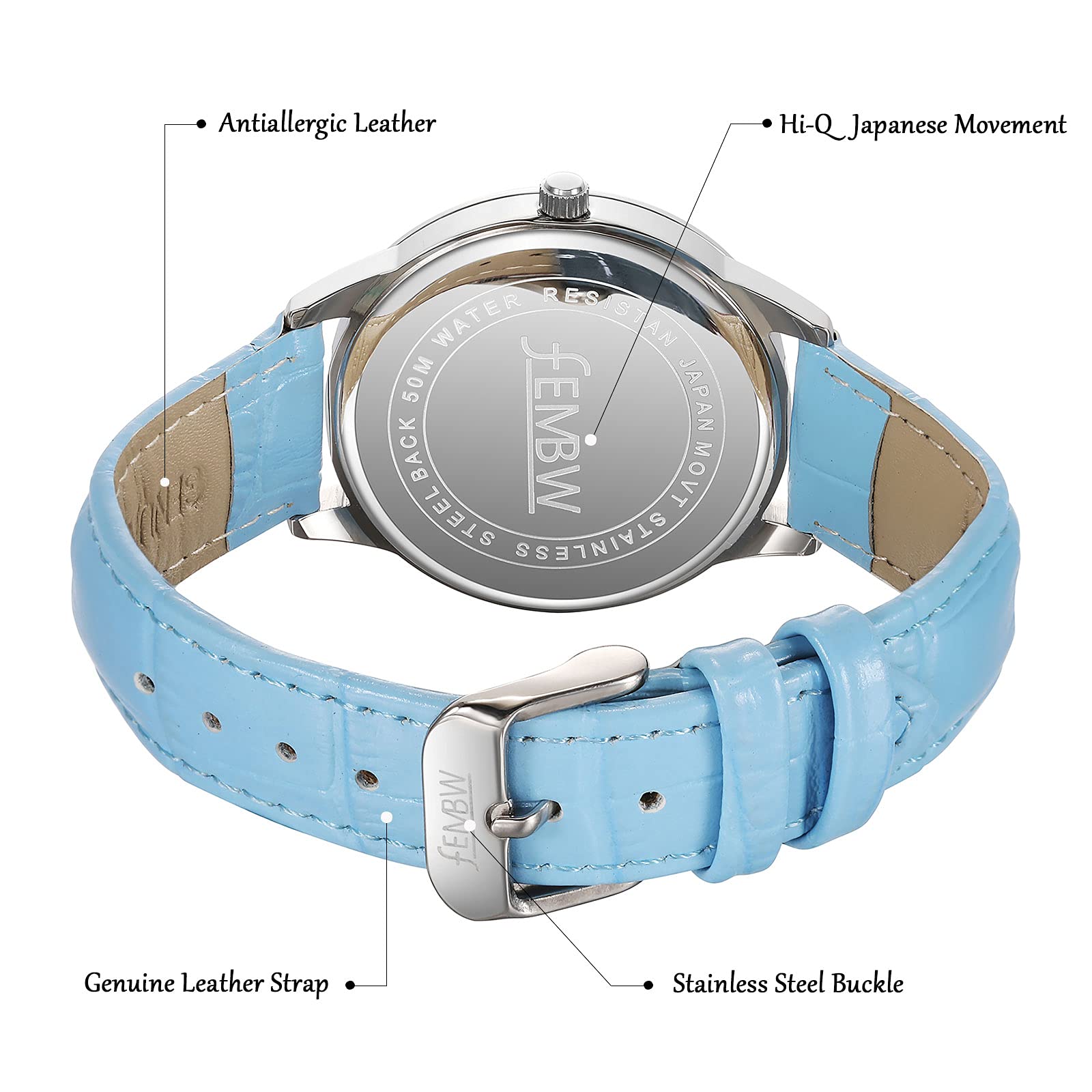 FEMBW Orologio da polso da donna con cinturino in vera pelle Movimento al quarzo giapponese, numeri romani arabi, resistente all'acqua 50M