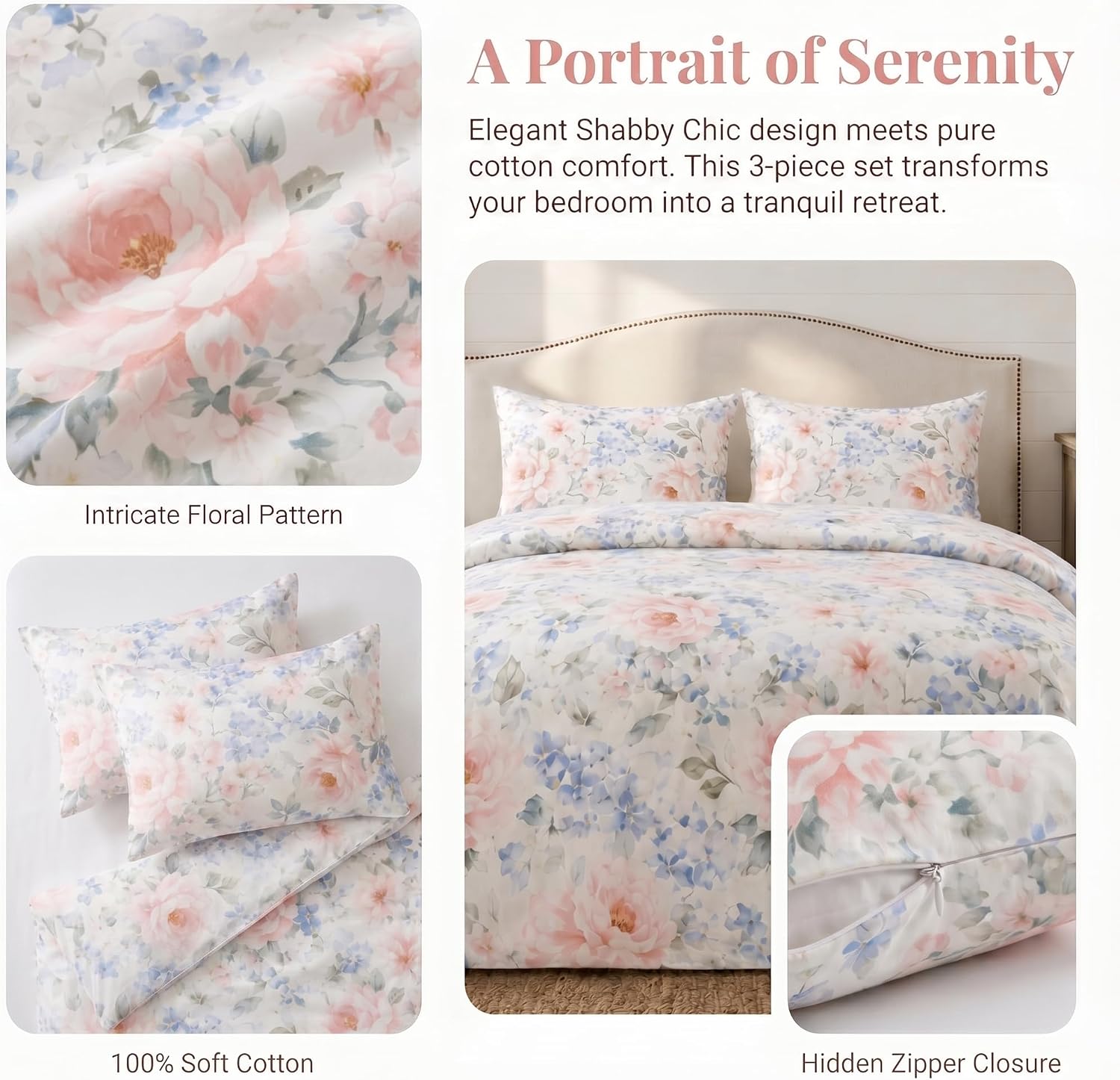 YIYEA Cotton Duvet Cover Queen Size, Floral Printed Bedding Set, Soft Breathable Natural Cotton Comforter Cover with Zipper Closure & Corner Ties, 3 Piece, Queen