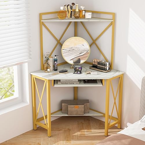 Miniatura 13 de Tangkula Escritorio esquinero con gabinete y estación de carga, escritorio de computadora que ahorra espacio con estantes y bandeja para teclado,