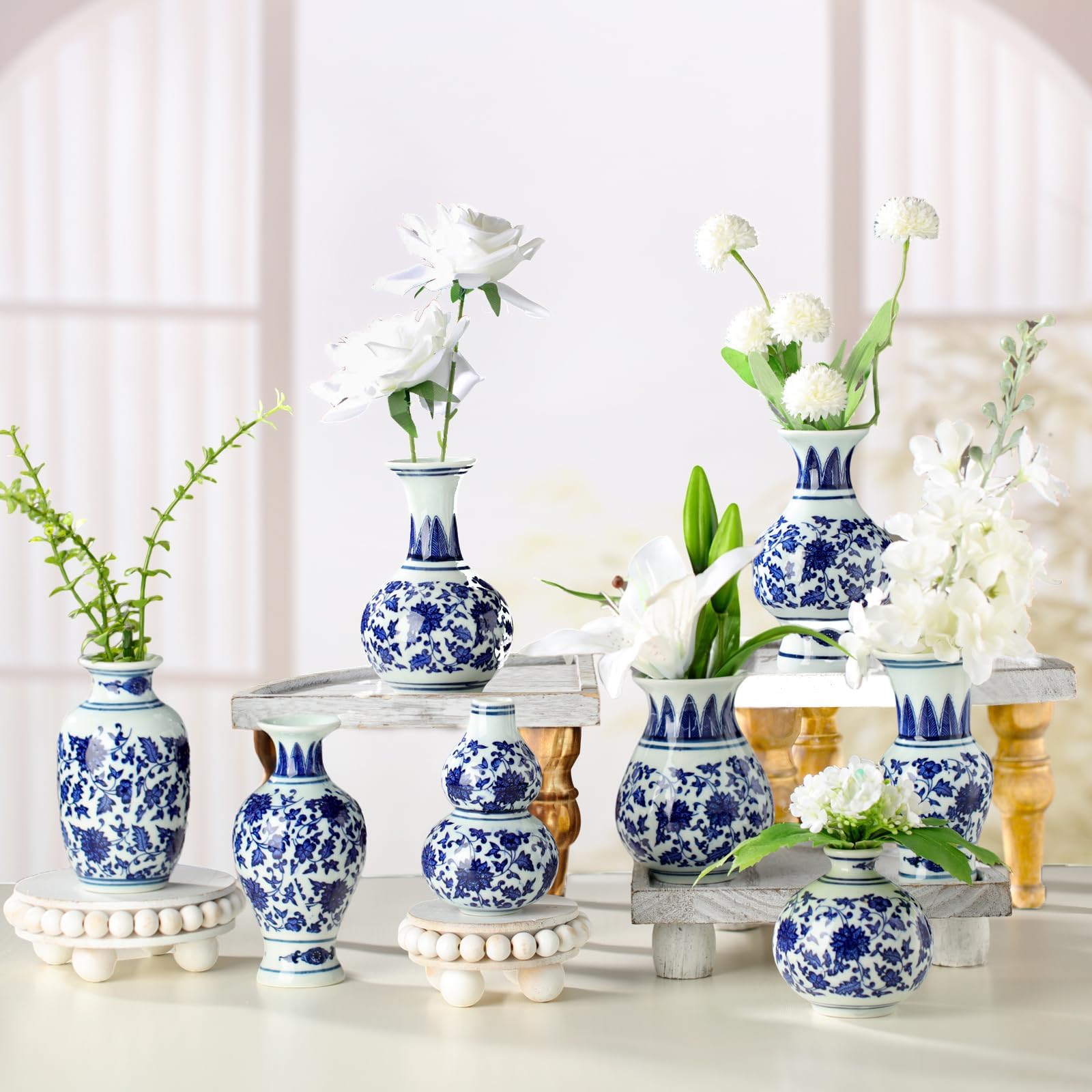Dandat 8 Pcs Mini Chinoiserie Bud Vases Ceramic Blue and White Floral Chinese Porcelain Vase Set for Shelf Table Centerpieces Home Decor(Classic)
