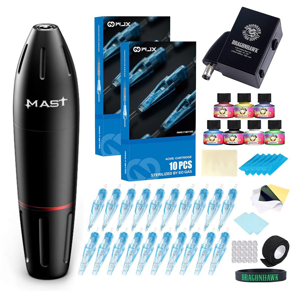 Dragonhawk Mast Wireless Rotary Tattoo Pen Machine Kit B1 Cordless