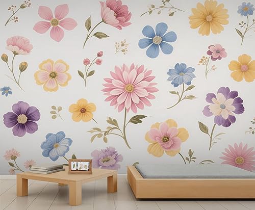 Miniatura 27 de Mural de pared floral retro, papel tapiz de barra de flores coloridas de mediados de siglo, papel tapiz rústico floral 3D impermeable para Retro