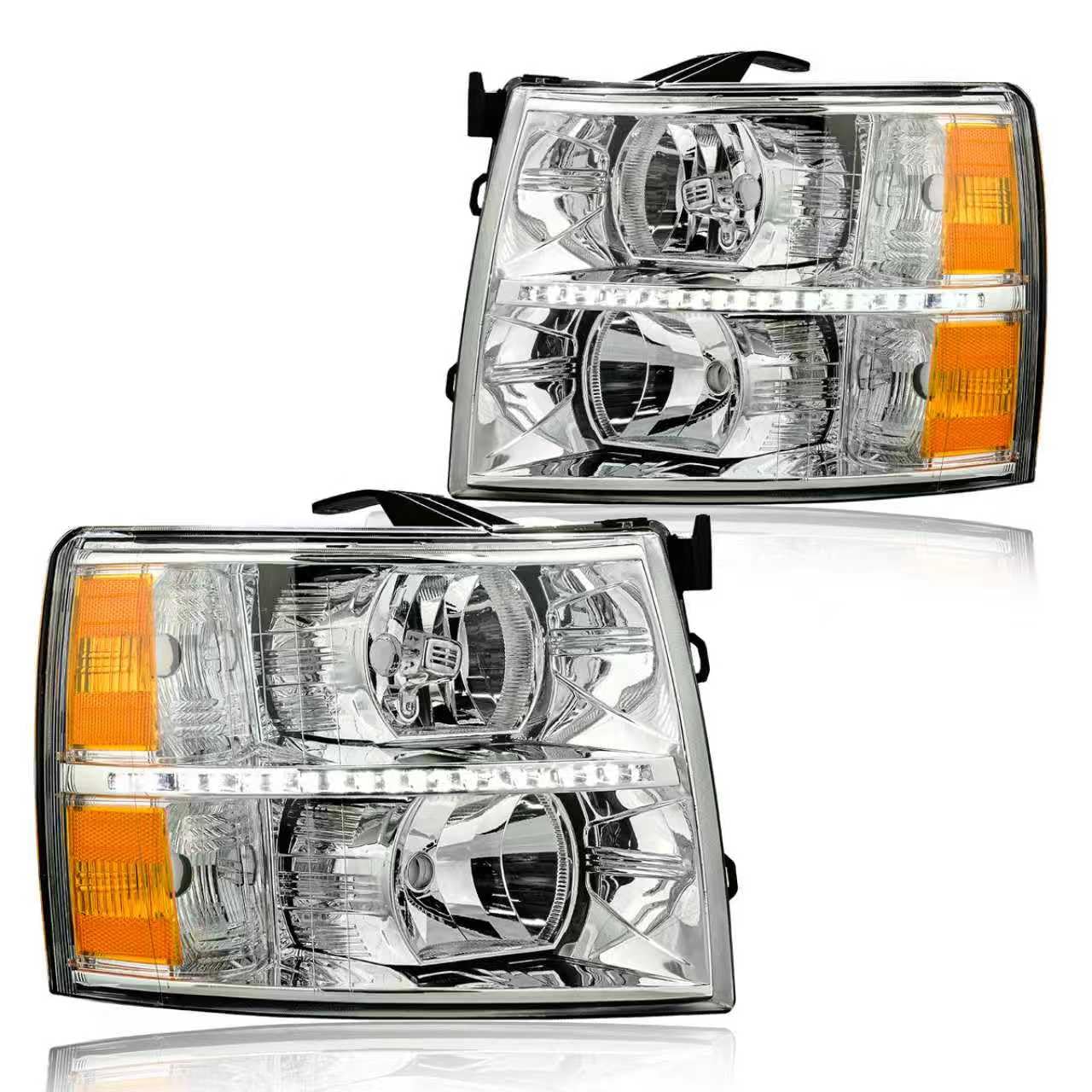 LED DRL Headlight Assembly, Compatible with 2007-2013 Chevy Silverado 1500/2007-2014 Silverado 2500HD 3500 NOT Fit 2007(Old Body) Classic Models Chrome Housing Amber Reflector