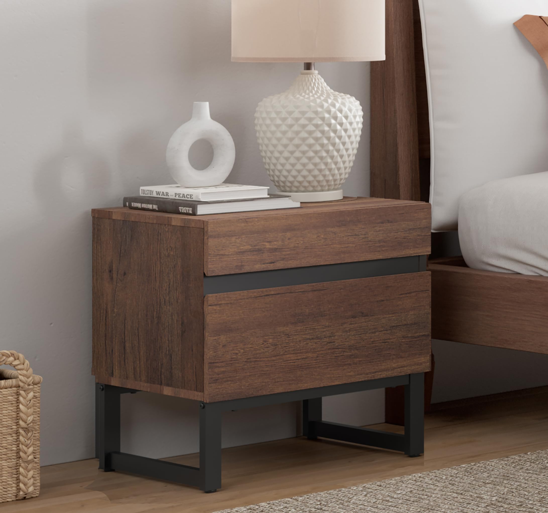 WAMPAT Nightstand with 2 Drawers for Bedroom, Modern Bedside Table with Black Square Iron Leg, Wood Rustic Side End Table for Living Room, Brown, 17.7" L x 15.5" W x 19.8" H
