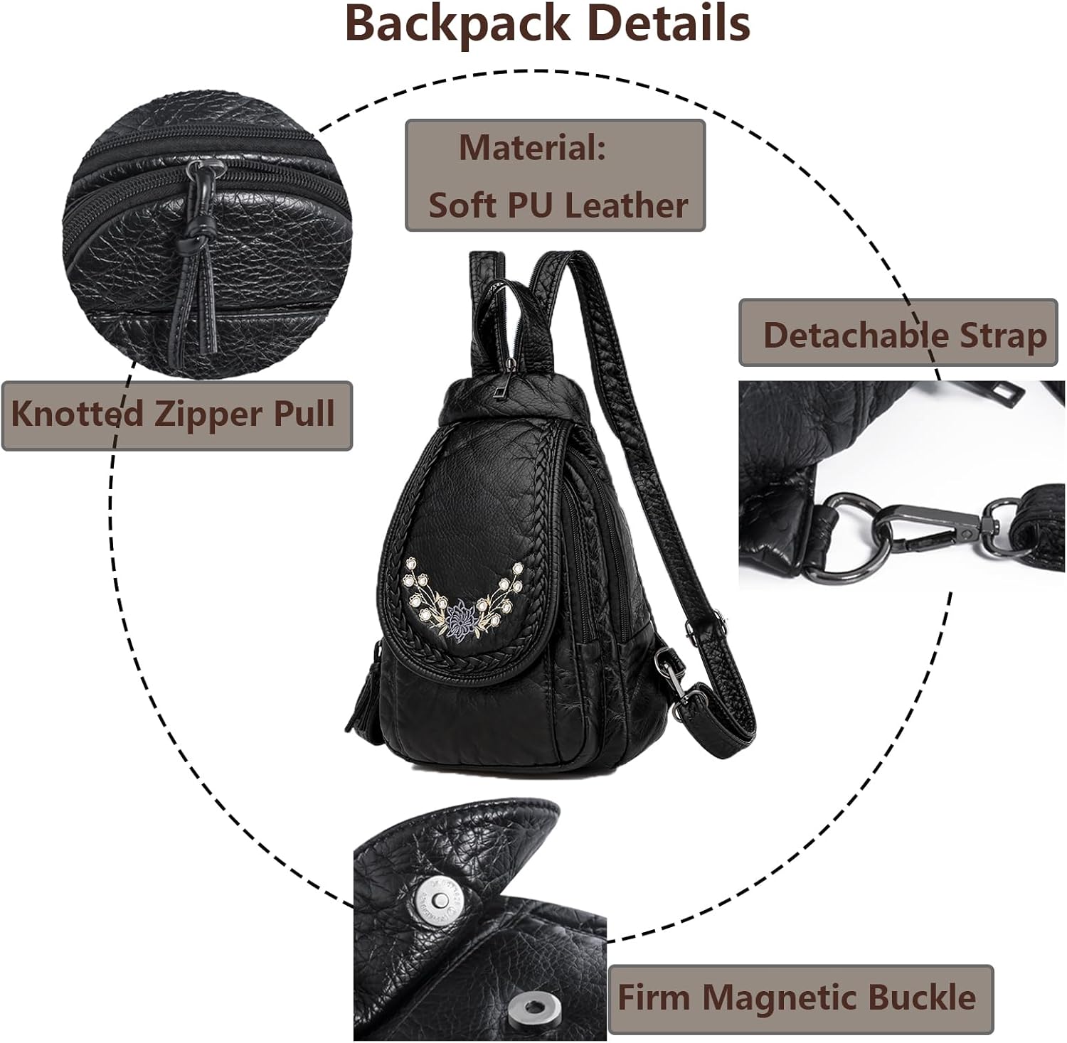 Mini Backpack for Women, Soft Washed PU Leather Small Backpack Purse for Women, Waterproof Fashion Shoulder Bag, Ladies Travel Black Rucksack Handbags Bags with Beautiful Flower Pattern - Image 6