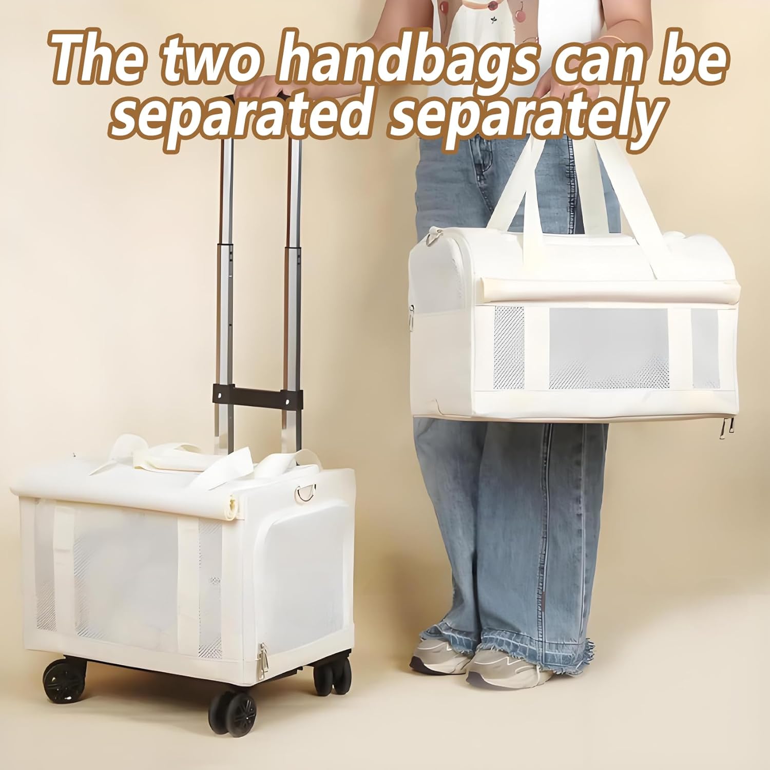 Double-Layer Rolling Pet Carrier for 2 Cats, Large Space Stackable Travel Bag with Mesh Windows and Removable Compartments for Travel, Hiking, Shopping (Beige)