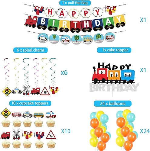 Miniatura 2 de CODOMOR - Juego de 66 piezas de decoración de fiesta de cumpleaños de transporte, suministros para fiesta de cumpleaños, decoración de tartas,