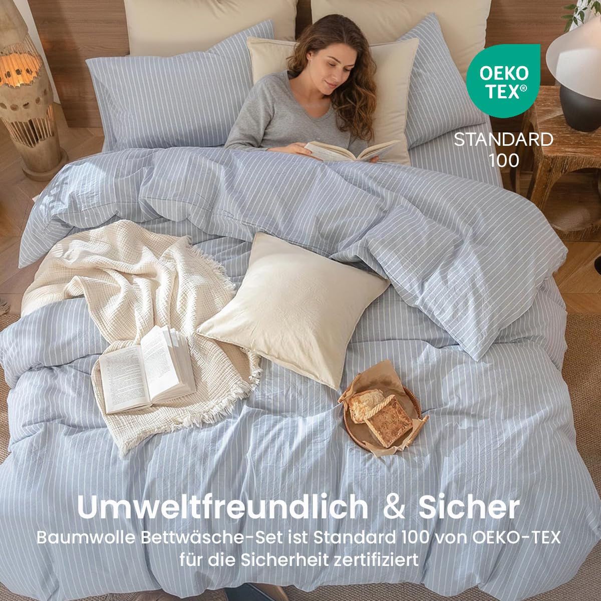 Lanqinglv Bettwäsche 200x220 Baumwolle Gestreift Blau,100% Renforce Baumwolle Bettwäsche Set mit Reißverschluss,ÖKO-TEX Bettwäsche für Allergiker Geeignet,1 Bettbezug & 2 Kissenbezug 80x80 cm