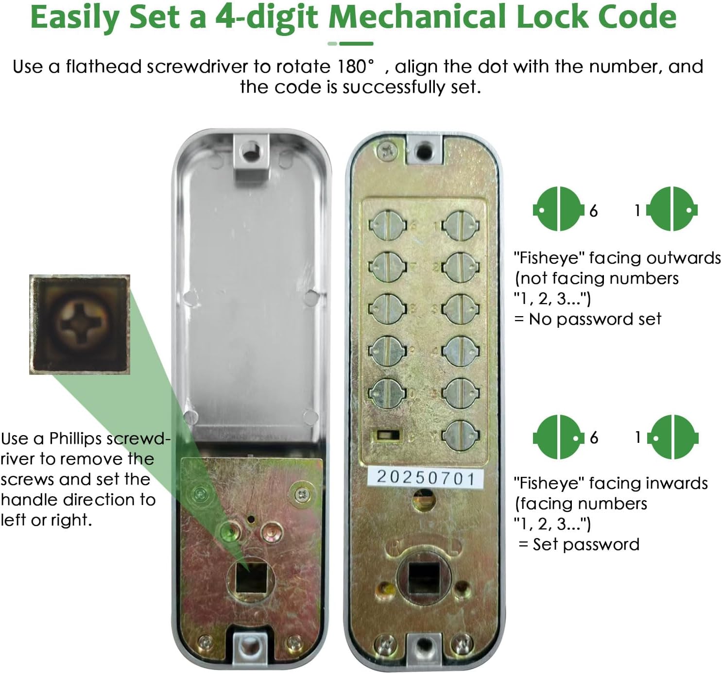 High-Security 12 Digit Keypad Mechanical Door Lock - Keyless Entry, Mechanical Code Lock with Handle, Waterproof & Rustproof, No Battery, Easy to Install, Silver, BH-MDLS0030102