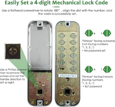 High-Security 12 Digit Keypad Mechanical Door Lock - Keyless Entry, Mechanical Code Lock with Handle, Waterproof & Rustproof, No Battery, Easy to Install, Silver, BH-MDLS0030102