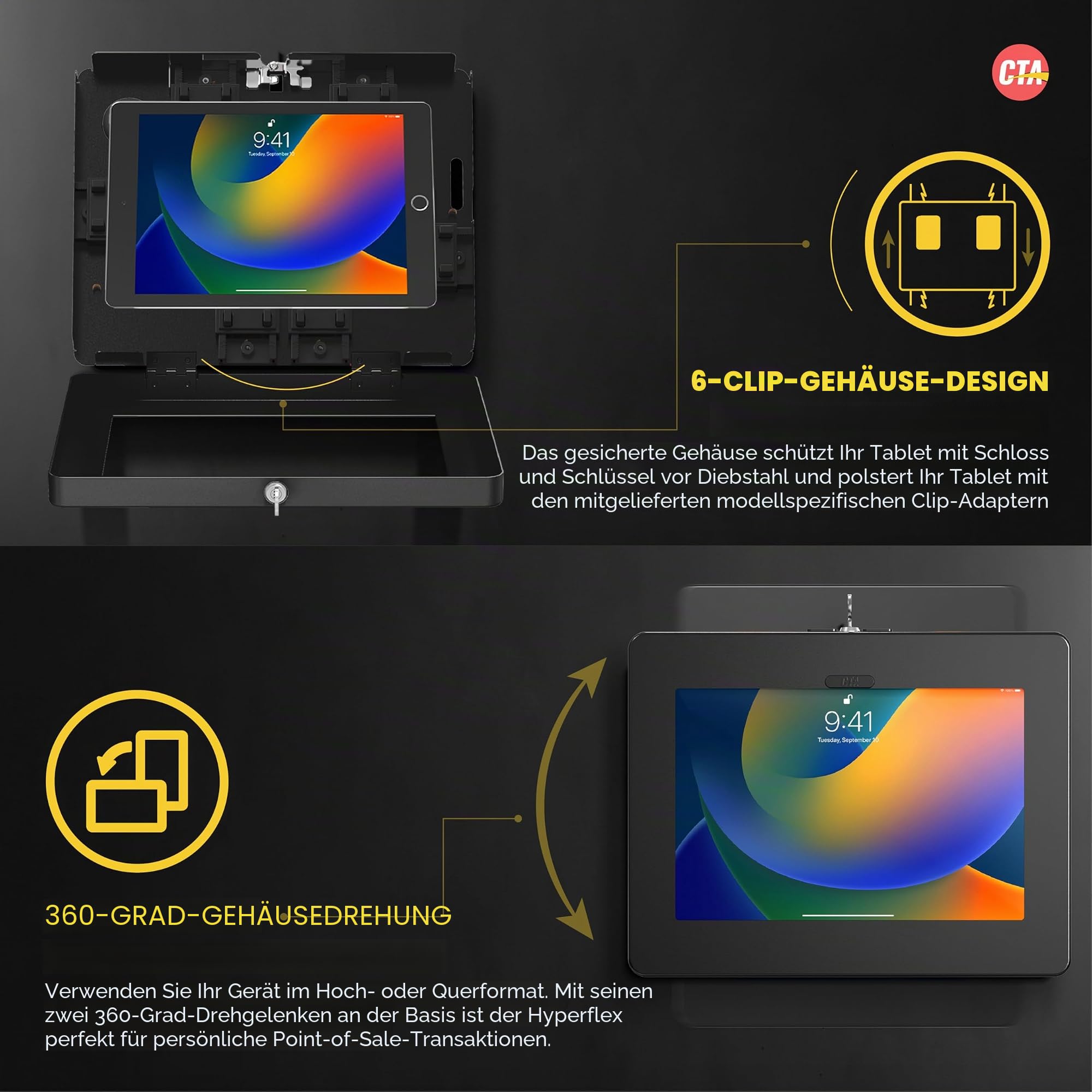 CTA Verriegelbare Anti-Diebstahl-Tablet-Wandhalterung für iPad 10. Generation 11 Zoll, 7./8./9. Gen, Air 4 - Kompatibel Mit Galaxy Tab, Lenovo Tab 4, Zebra Tablets & Mehr