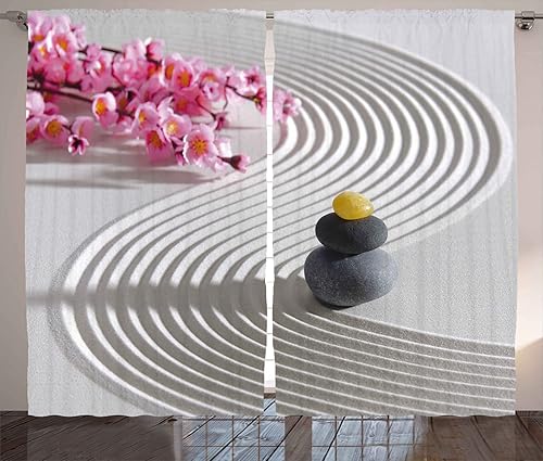 Ambesonne Cortinas de spa, piedras japonesas de meditación en la parte trasera arenosa y borrosa, orquídeas tropicales relajantes para yoga, imagen
