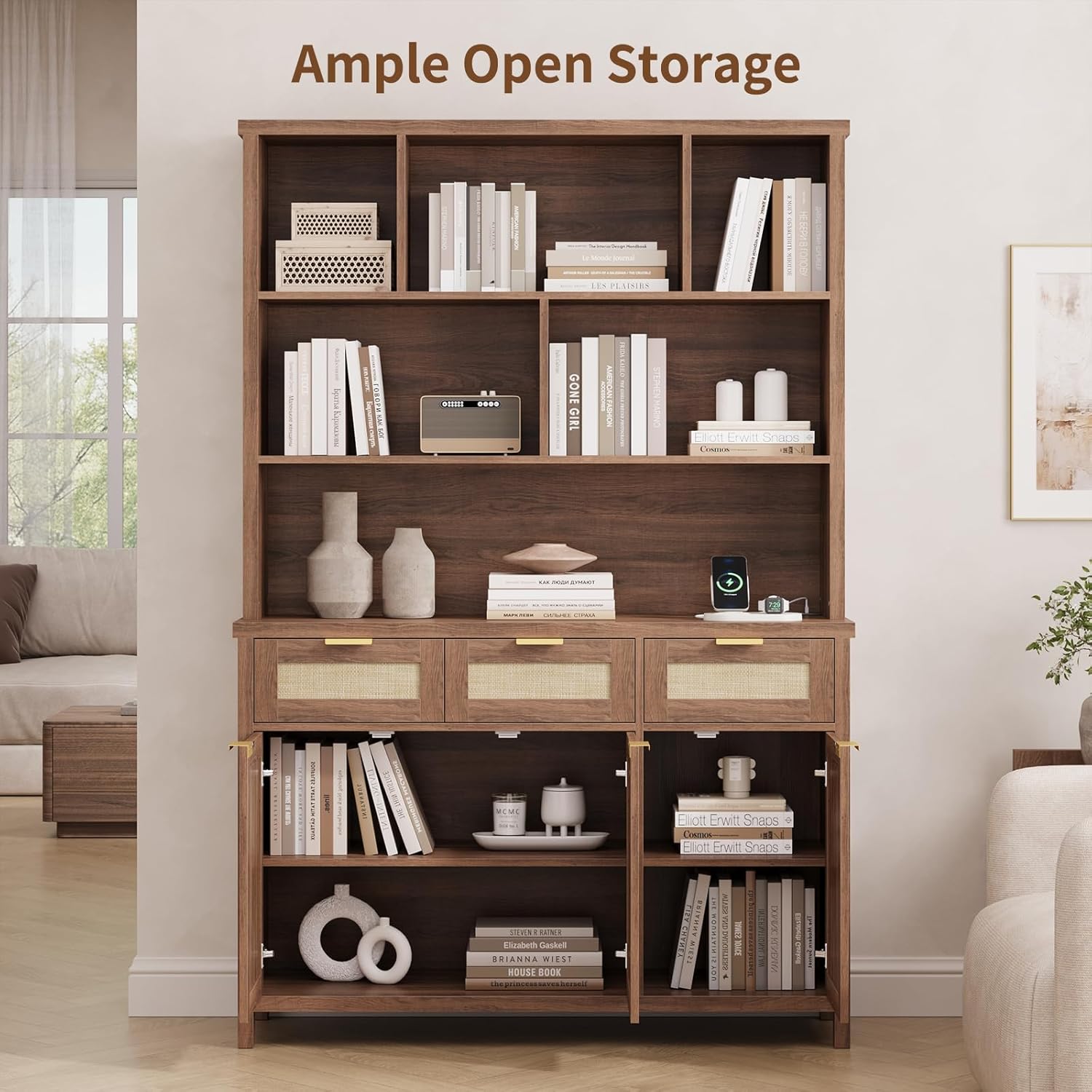 71" Tall Bookshelf, 5-Tier Bookcase with Rattan Doors, Wood Farmhouse Bookcase with 3 Storage Drawers & Cabinet, 4 AC Outlets & 2 USB, for Home Office, Living Room, Walnut