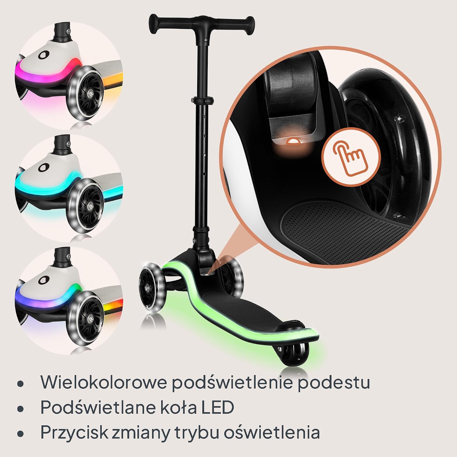LIONELO MEY Hulajnoga Balansowa dla Dzieci od 3 roku życia do 50 kg Trójkołowa Hulajnoga Dziecięca z Regulacją Wysokości Antypoślizgowy Podświetlany Podest i Koła LED Koszyk