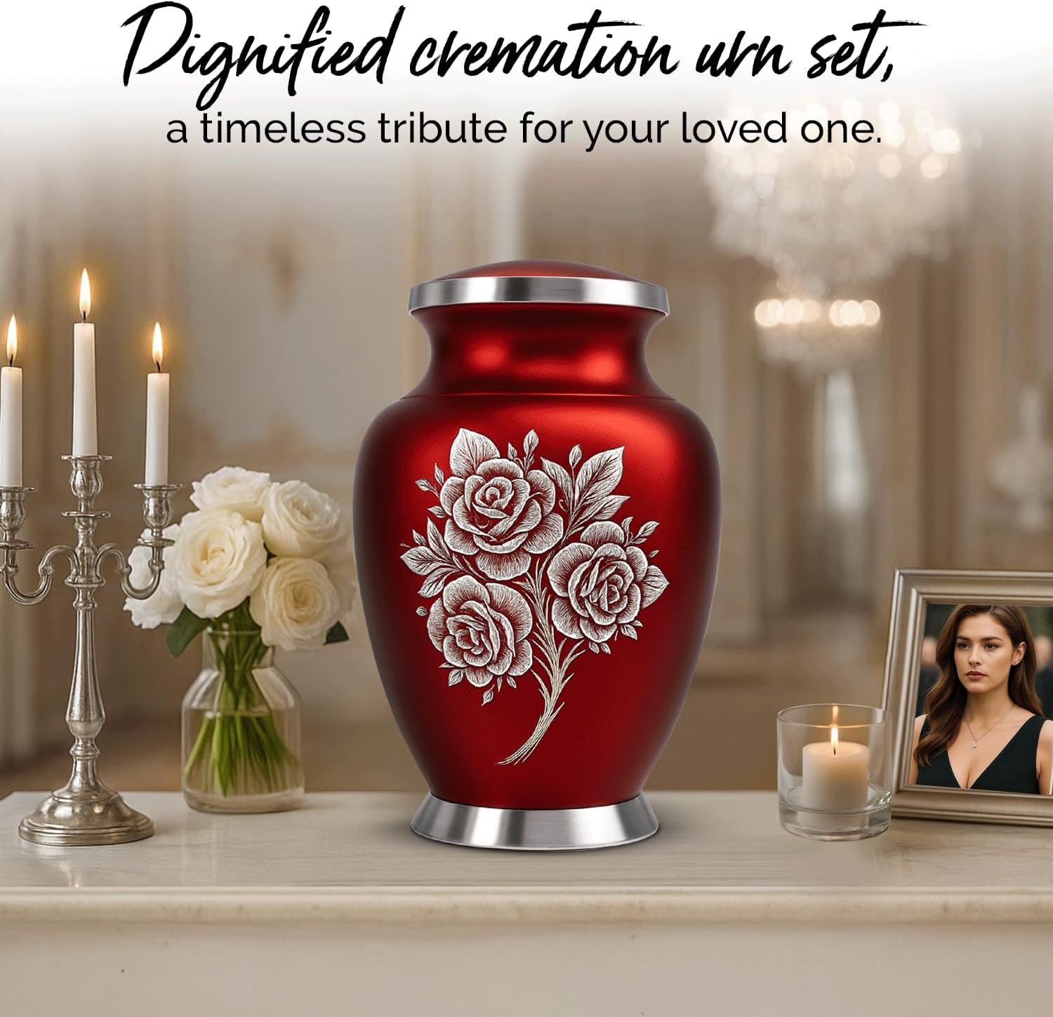 Urn for Ashes for Women – Red Urn for Human Ashes Adult Female with 4 Keepsake Urns – Elegant Cremation Urn Set with Velvet Bag & Gift Box