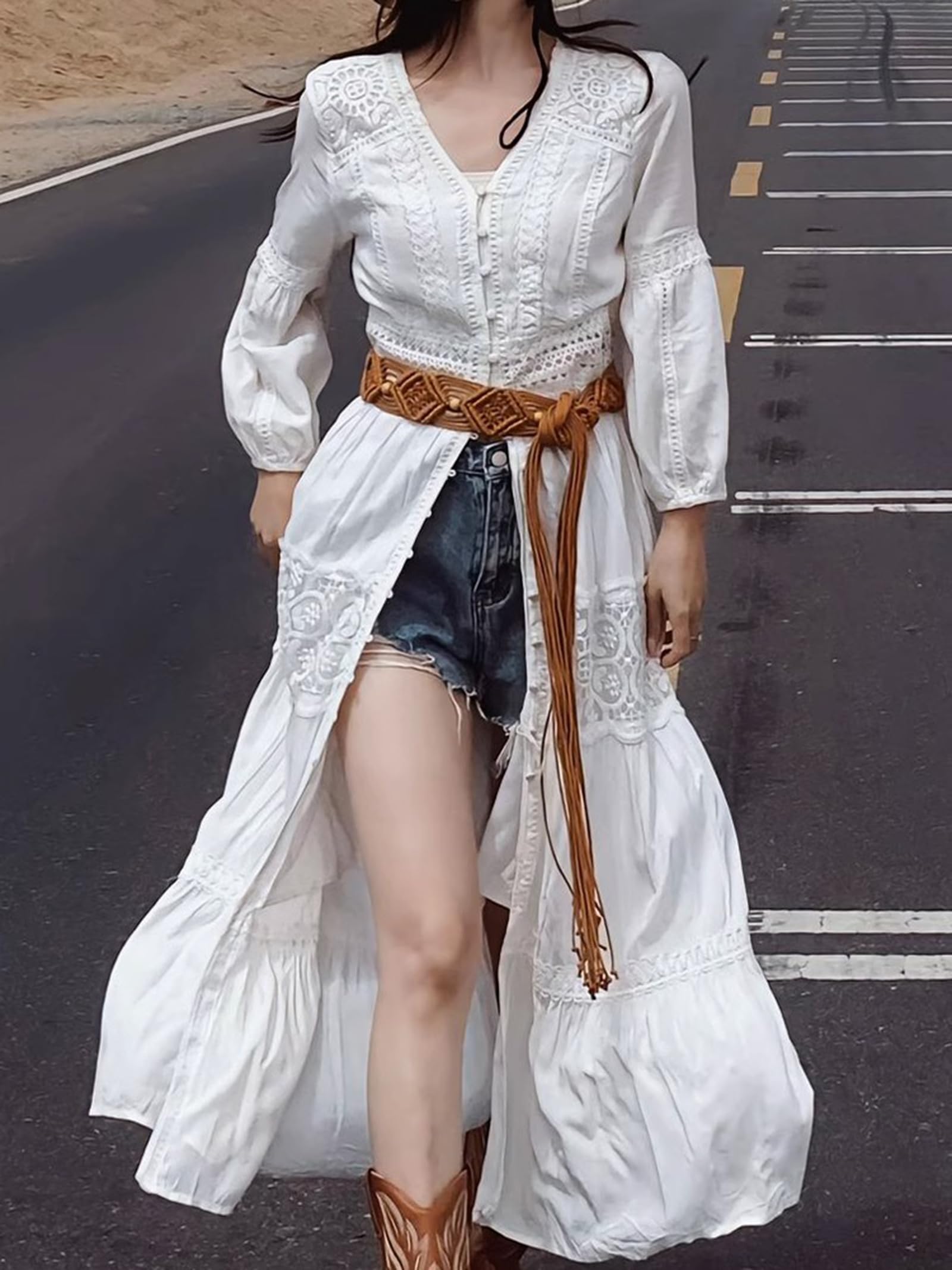 Donna Casual Button Down Abito da Spiaggia Ricamato Lungo Kimono Cardigan Costume da Bagno Copricostume Up