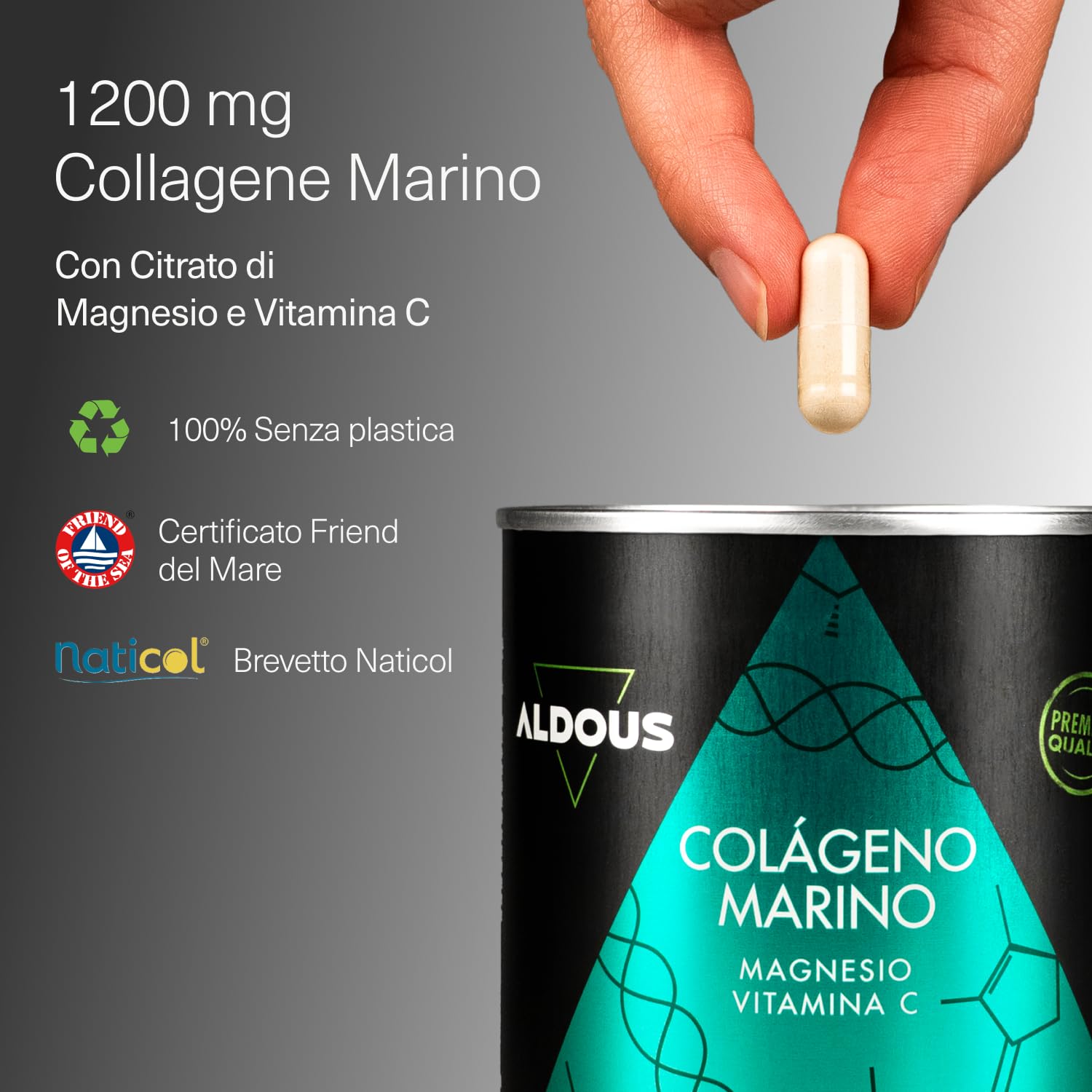 Collagene Marino con Magnesio e Vitamina C - 200 Capsule - Integratore Collagene Bellezza e Benessere - Pelle, Capelli e Unghie - Anti Age - Ossa, Articolazioni - Marine Collagen Naticol - ALDOUS