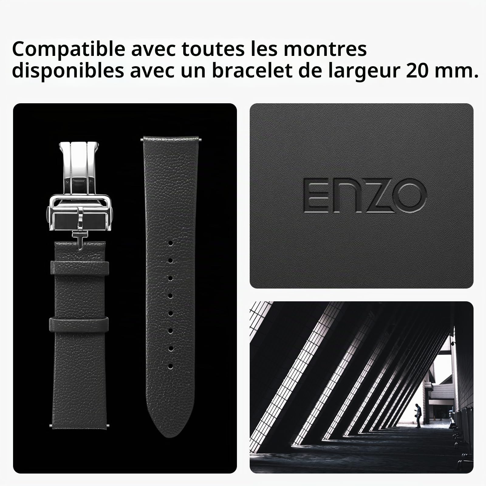 Spigen Enzo Bracelet en Cuir véritable Compatible avec Samsung Galaxy Watch 7 44/40mm, FE 40mm, 6/5/4 44/40mm, Classic 6 47/43mm, 5 Pro 45mm, 4 Classic 46/42mm, 3 41mm, Active 1&2 Bracelet - Noir