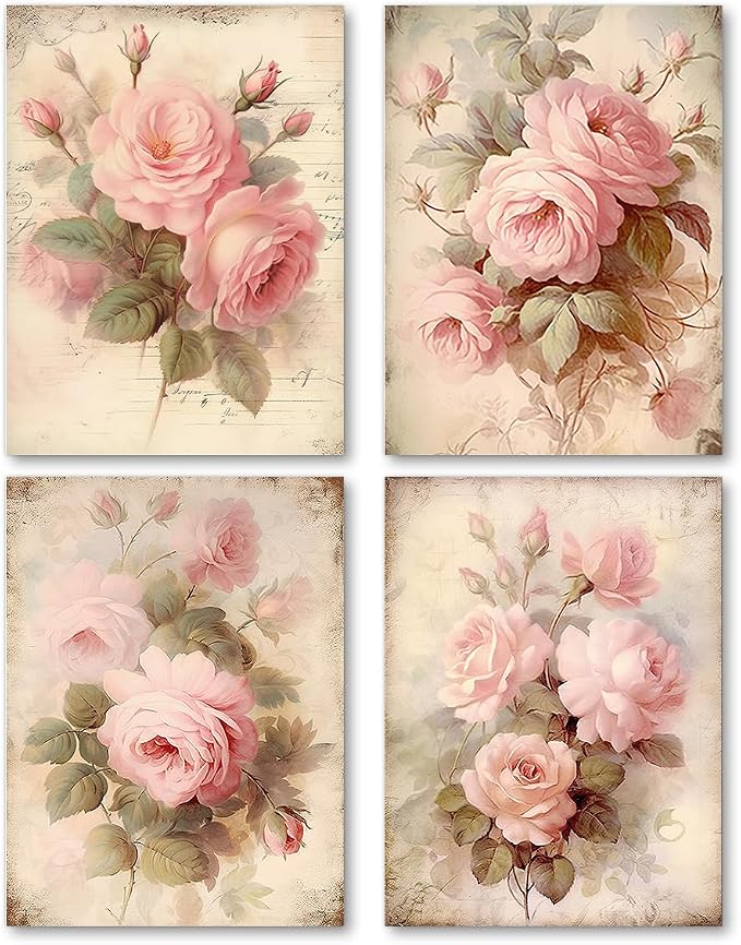 Amazon.com: laveliabel Vintage Pink Rose Wall Art Prints Set of 4 ...