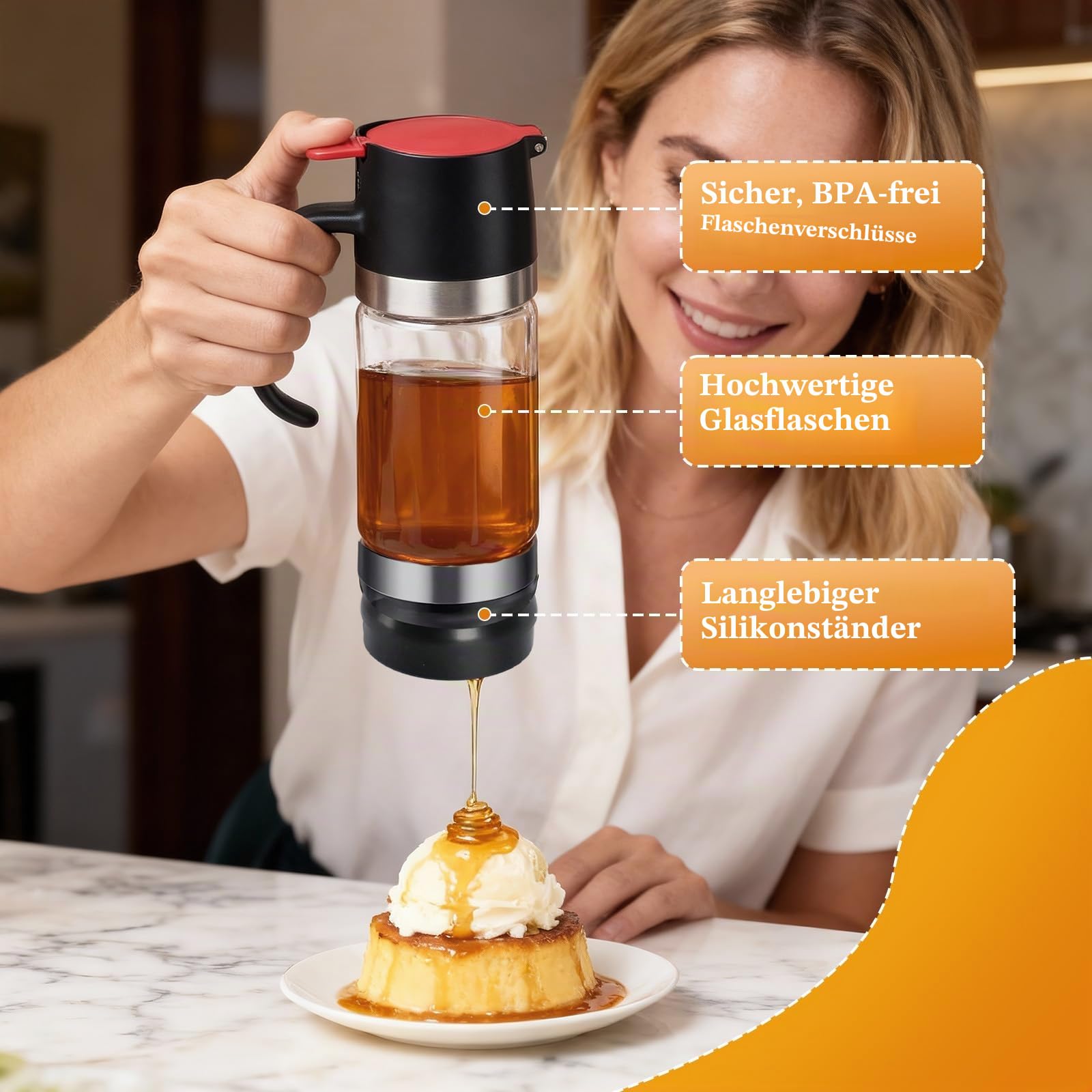 350Ml Honigspender Glas Honigspender Honigdosierer 12 Ounces Tropffrei Sirupspenderglas mit Henkel für Honig, Sirup, Ahornsirup, Marmelade, Kaffee und Tee