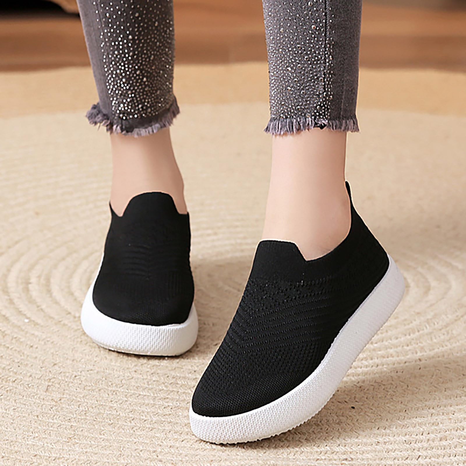 Chaussures tissées à Un étrier pour Femmes, Chaussures Souples et Respirantes, Chaussures de Marche en antidérapantes, Baskets antidérapantes, Noire Chaussure Plate Femme Confortable Chaussure