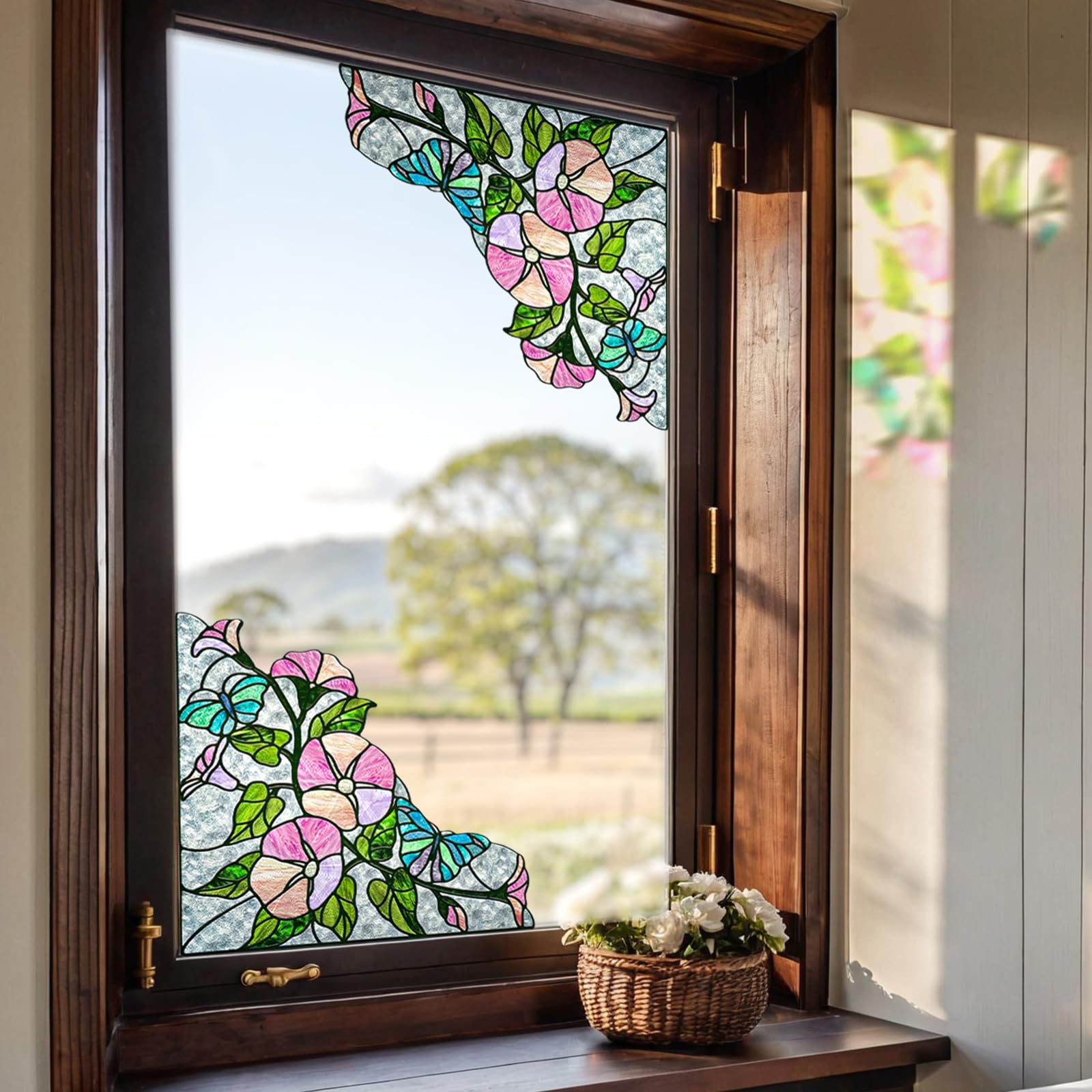 Window Stickers, ‌Stained Glass Window Privacy Film, UV Blocking Static Cling for Home Kitchen Office Bathroom, Morning Glory, 16.93" X 16.93"