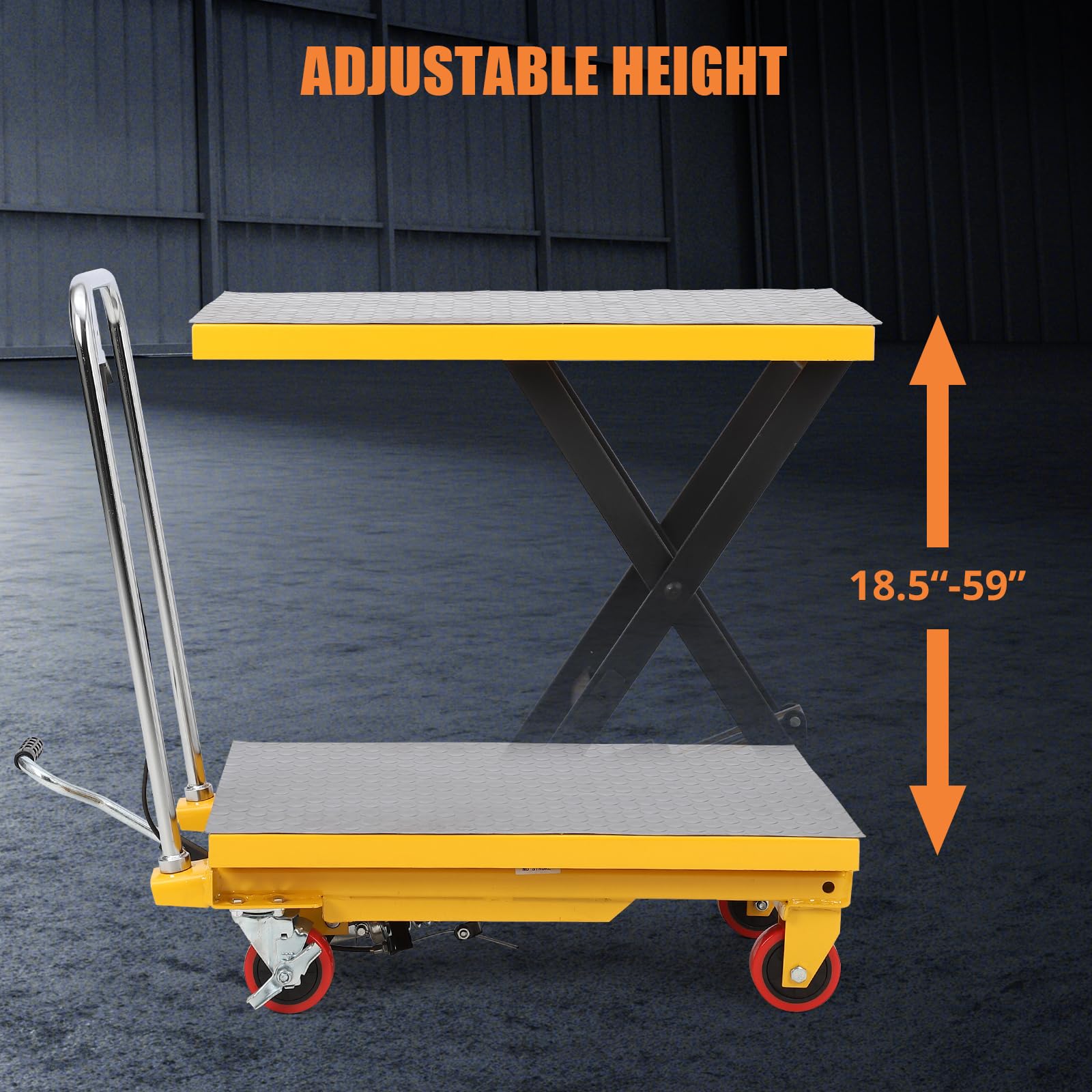 Carrello elevatore idraulico manuale a forbice – Portata 150kg, altezza sollevamento 72cm – Piattaforma antiscivolo – 4 ruote per trasporto materiali in officina – Giallo