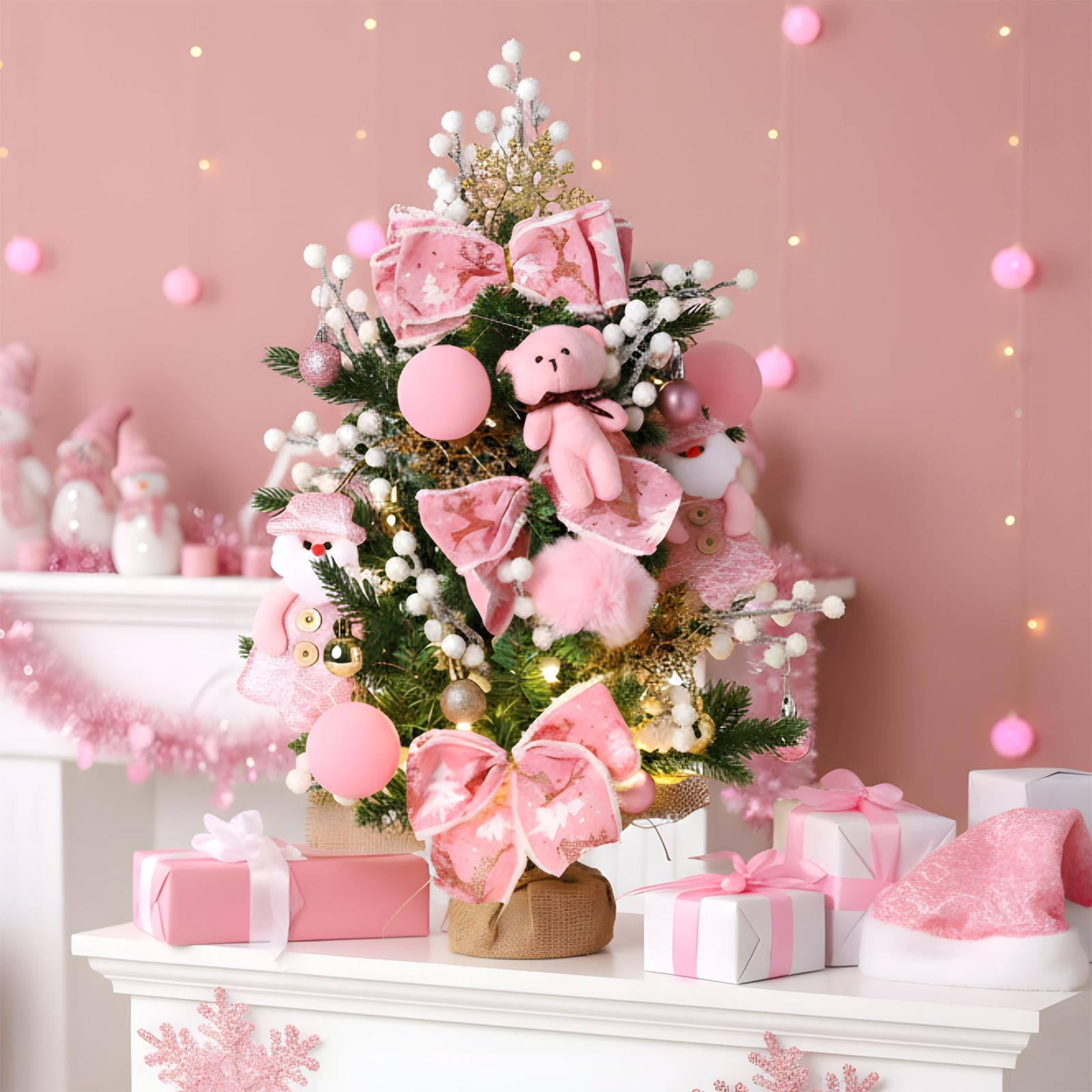 Vesici Mini sapin de Noël artificiel rose de 50 cm avec lumières DEL – Petit sapin de Noël artificiel avec ornements à suspendre – Ours Père Noël bonhomme de neige pour la maison, le bureau, la