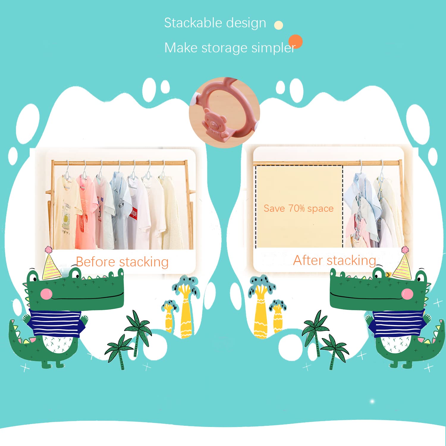 JSF -Set di 20 grucce appendiabiti per bambini, impilabili, con gancio a forma di orsetto, antiscivolo, 4 colori