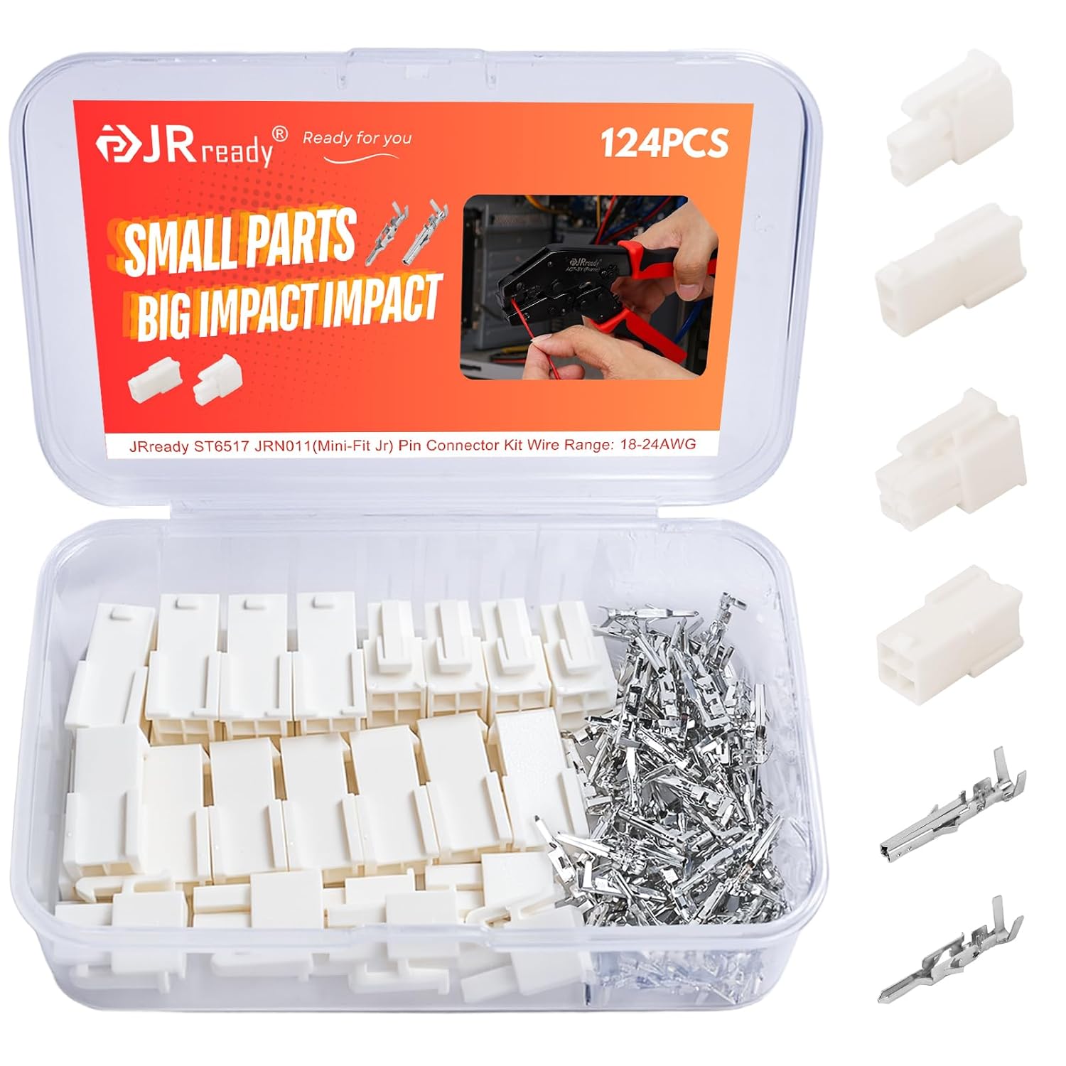 JRready ST6517 Mini-Fit Jr 2 4 Pin Molex Connector Kit 4.2mm Pitch 5557 Series Molex ConnectorsPower Plug Receptacle Housing 18-24AWG Crimp Terminals Pin Sockets Natural 124Pcs
