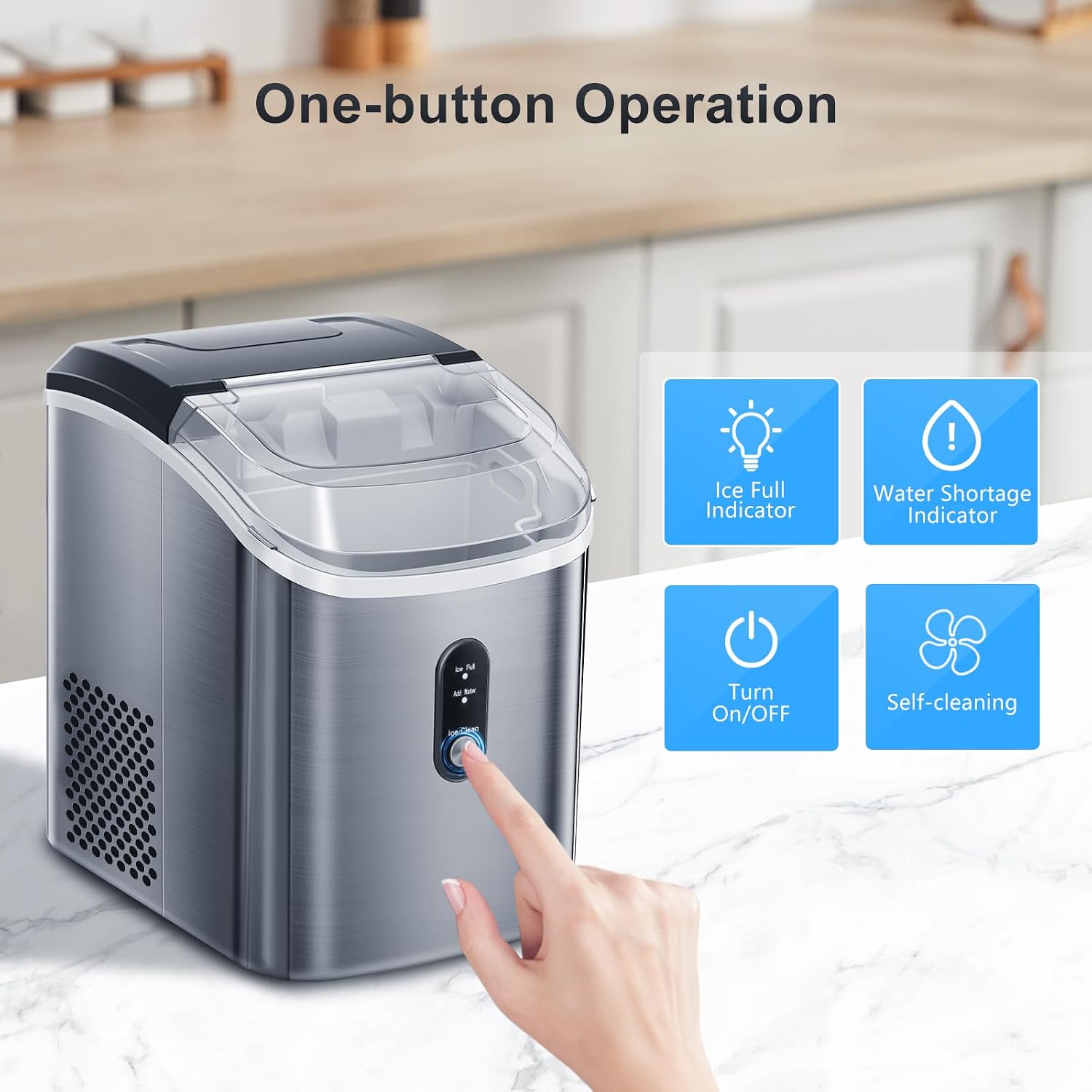 AGLUCKY Nugget Ice Maker Countertop, Portable Ice Maker Machine with Self-Cleaning Function,33lbs/24H,Stainless Steel,Pellet Ice Maker for Home/Kitchen/Office(Silver)