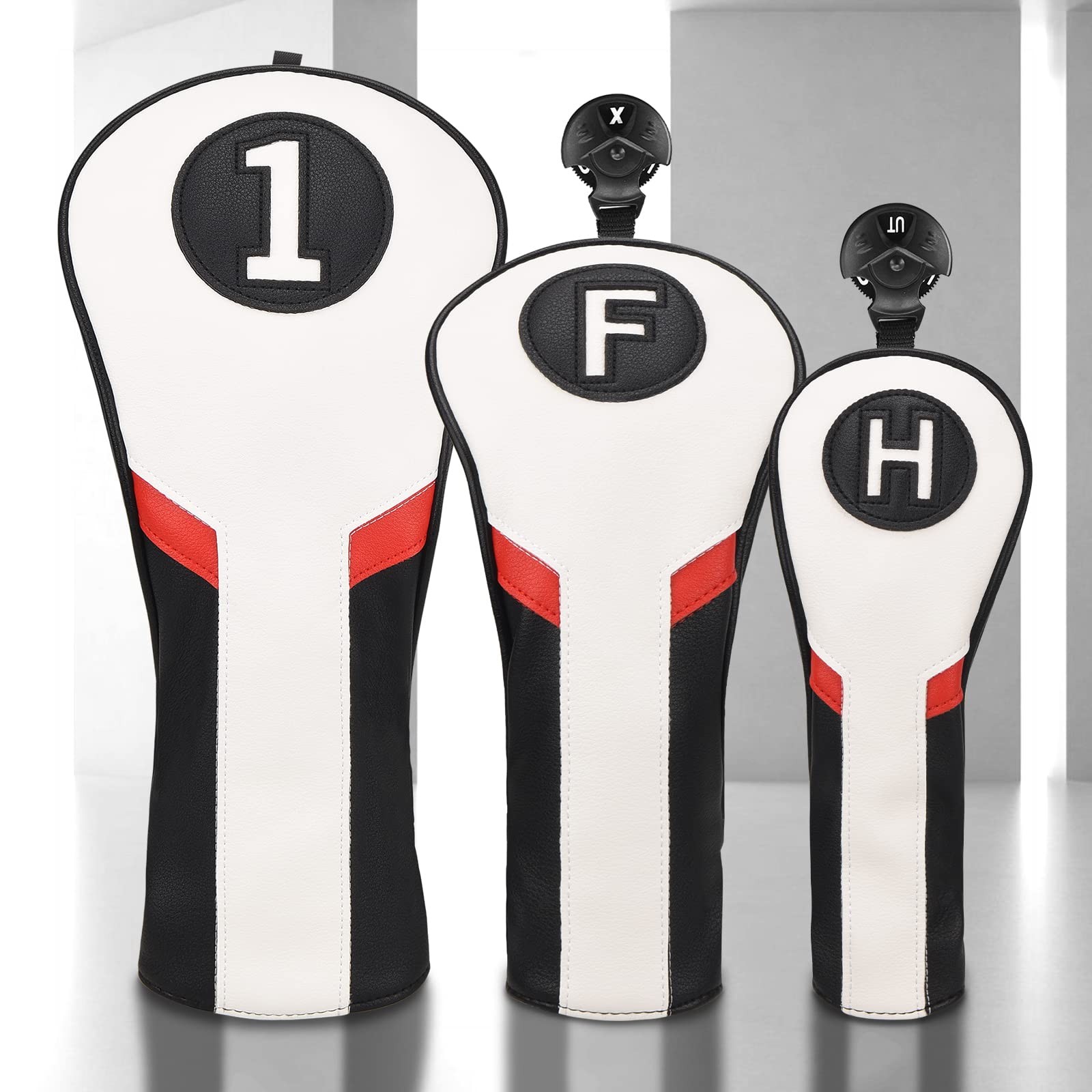 Copritesta in legno per mazze da golf, per driver/fairway/ibrido/1FH/Ferri in pelle PU bianca e nera e rossa