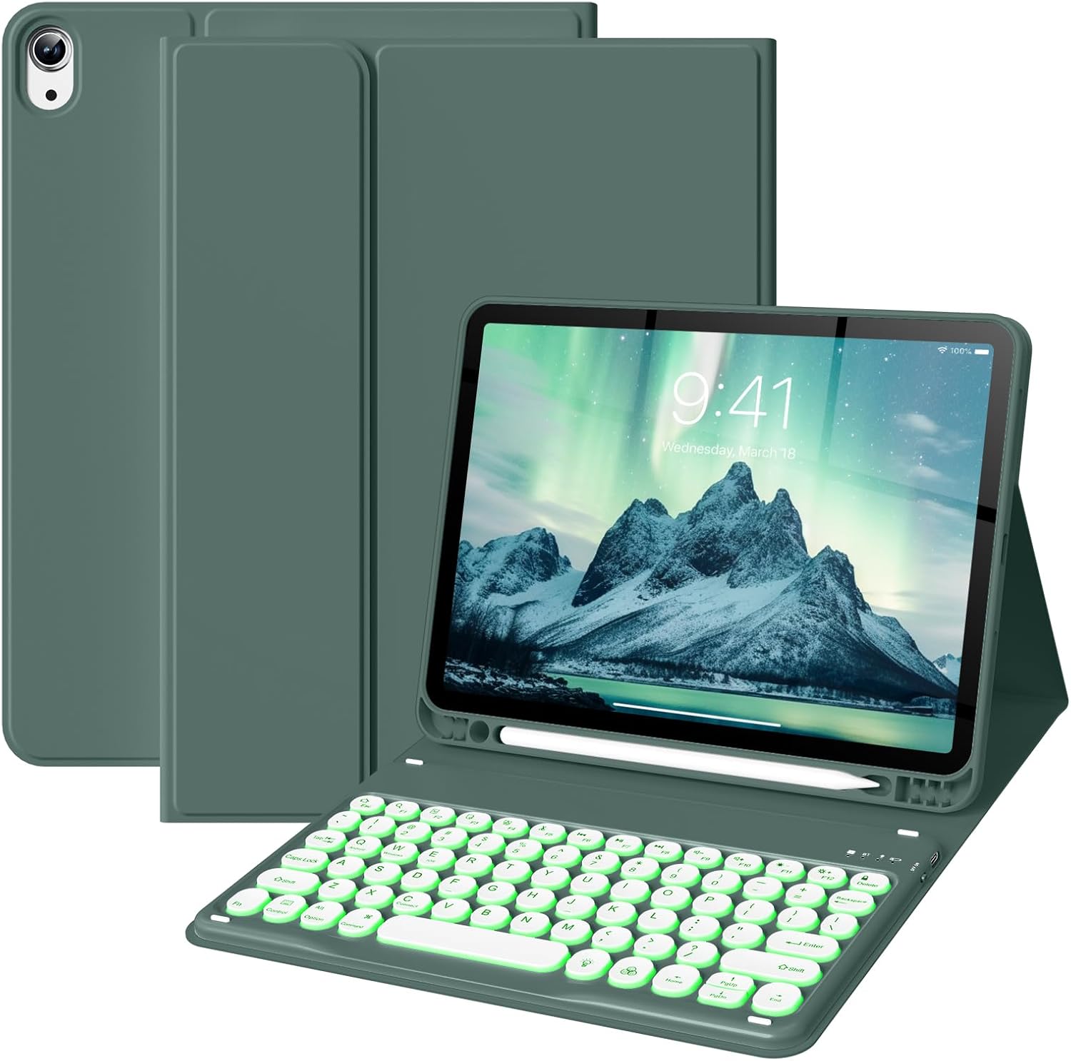 for iPad Air 7th/6th 11-inch Case with Keyboard M3/M2 (2025/2024), iPad Air 5th 4th Gen 10.9" Case (2022 2020) with 7 Colors Backlit Keyboard Cover with Pencil Holder, Auto Wake/Sleep, Green