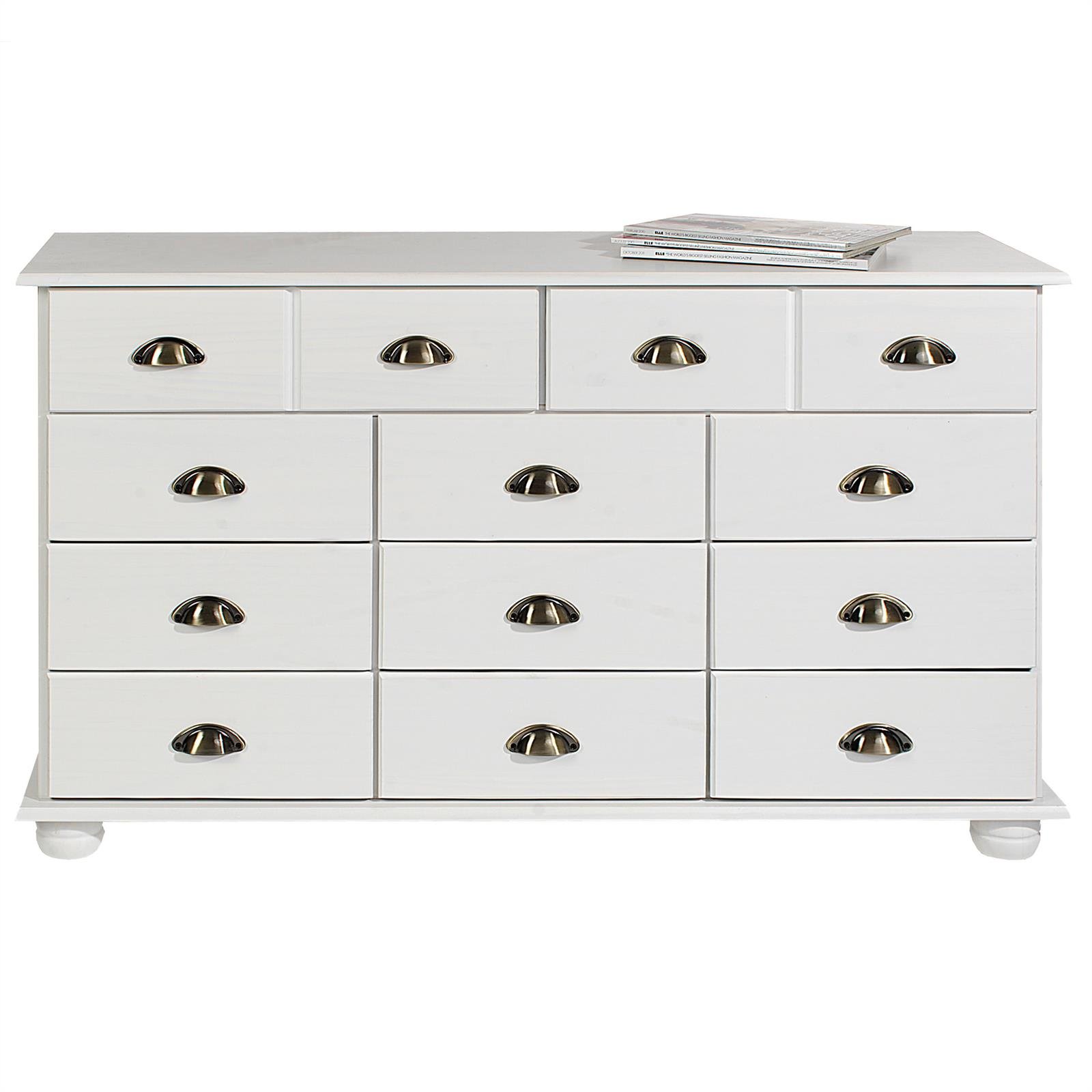 IDIMEX Schubladenschrank Colmar, Weiß - Apothekerkommode mit Muschelgriffen aus Metall. 11 Schubladen, Sideboard im Landhausstil, Kiefer Massivholz