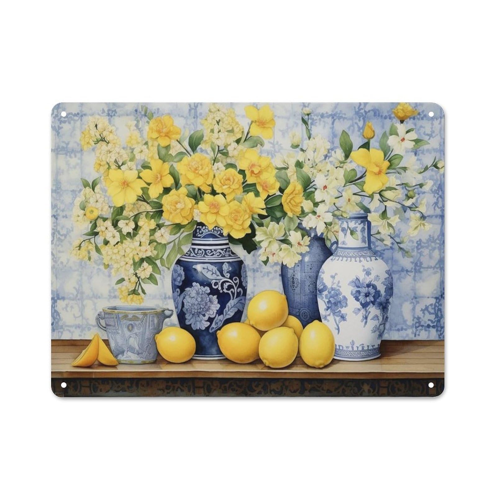 Acdoet Tin-17 Rustic Metal Tin Sign Farmhouse Kitchen Decor Rustic Flower Kitchen Wall Art, Yellow Floral And Lemon Painting Picture Print Country Farmhouse Wall Decor, Artwork Dining Room Wall Art 12X16 Inch