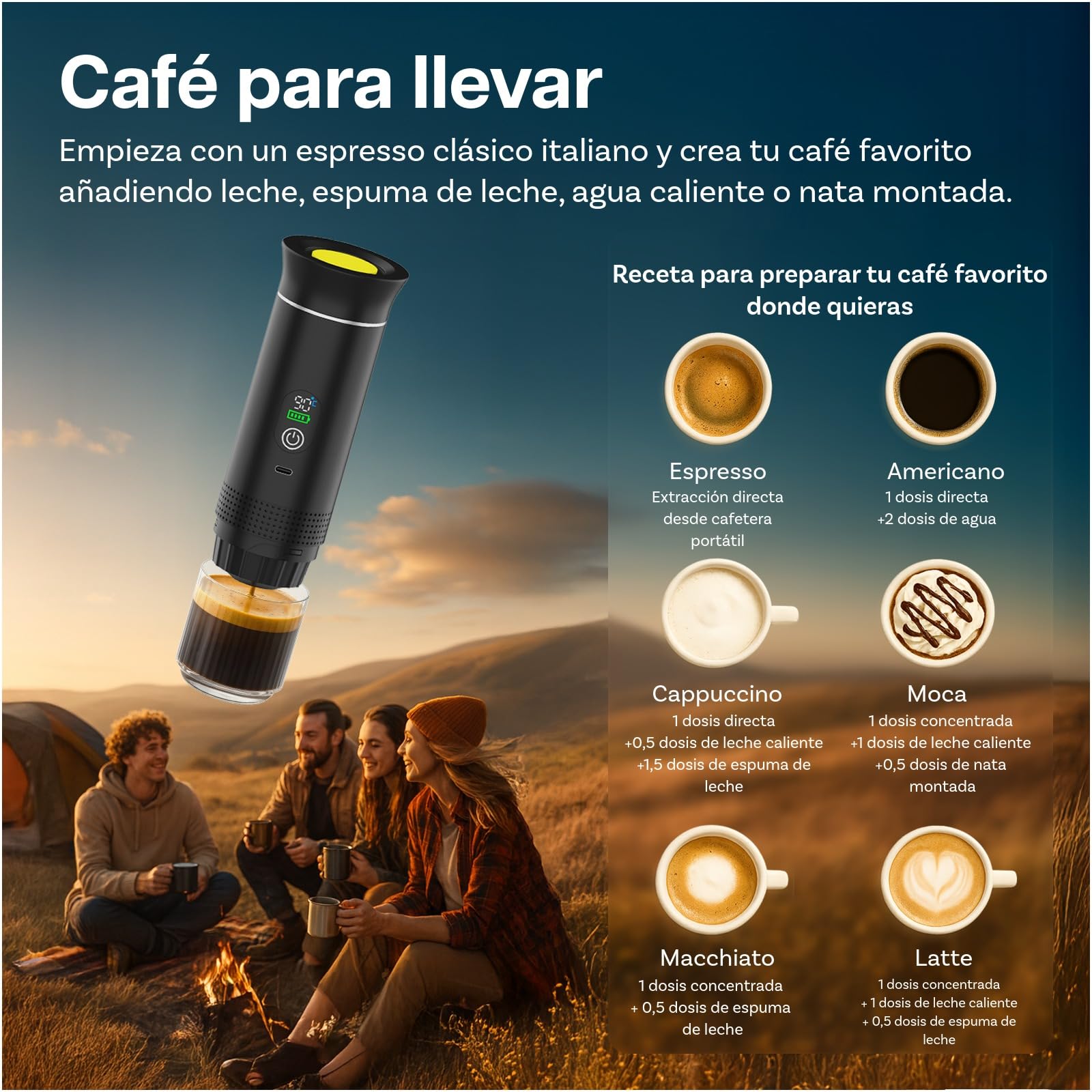 MMOBIEL Cafetera Portátil Máquina de Café Espresso Eléctrica con Base Antideslizante, Auto-Calentable & USB-C – Compatible con Café Molido & Cápsulas para Viaje, Camping, Hogar, Coche, Oficina