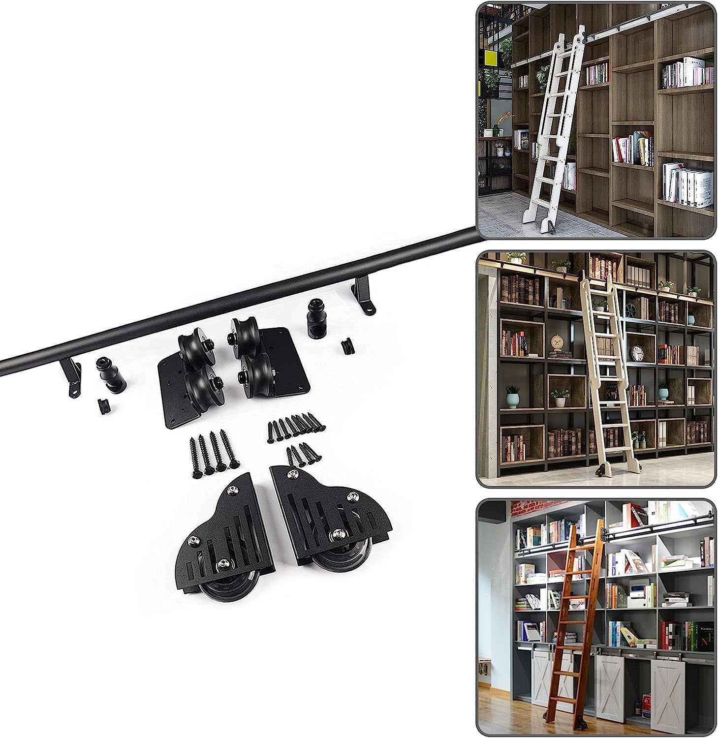 Kit de matériel d'échelle coulissante de bibliothèque avec rail rond noir pour loft