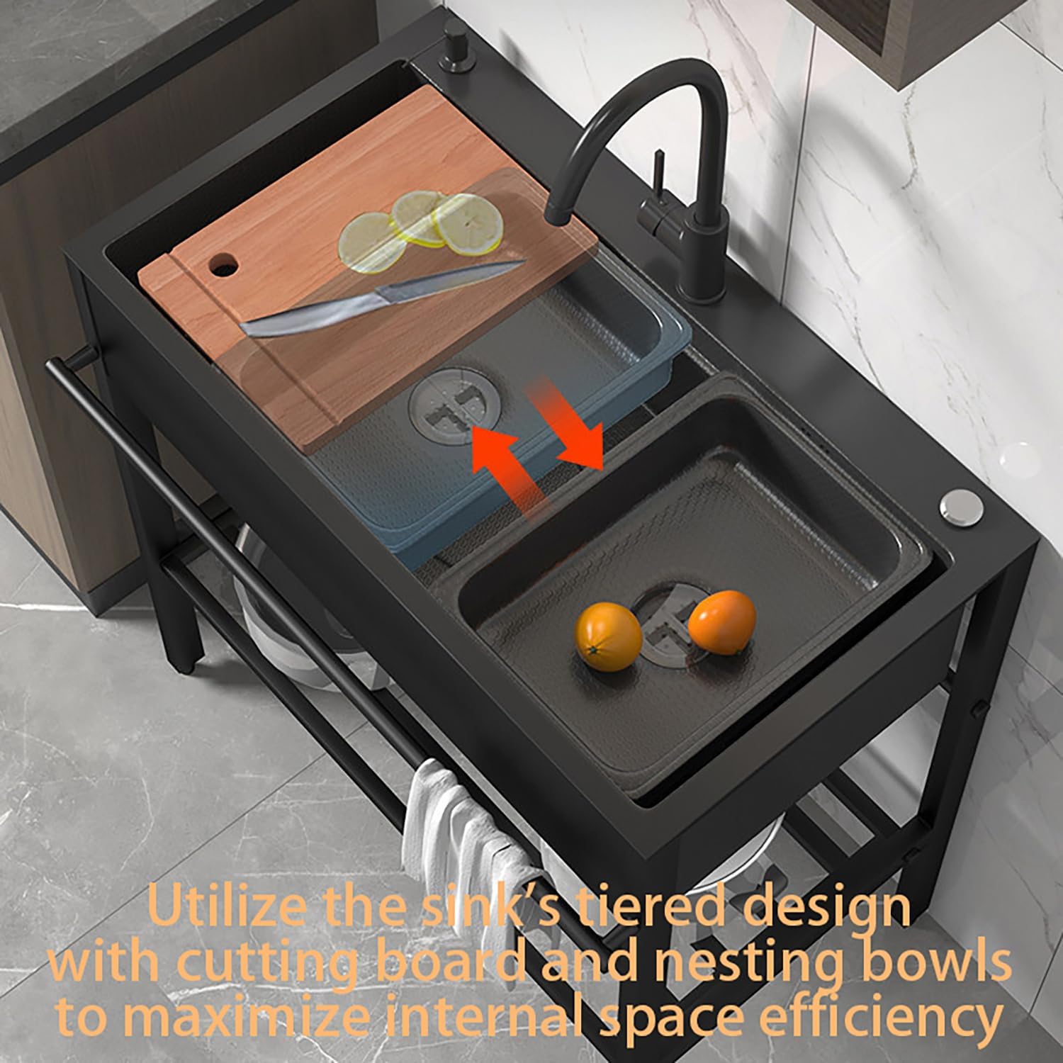 Height 86Cm 304 Stainless Steel Utility Sink Cabinet,Utility Laundry Sink with Hot and Cold Water Faucet Hoses and Drain Kit Commercial Sinks for Kitchen Restaurant,Black,L65*W45cm